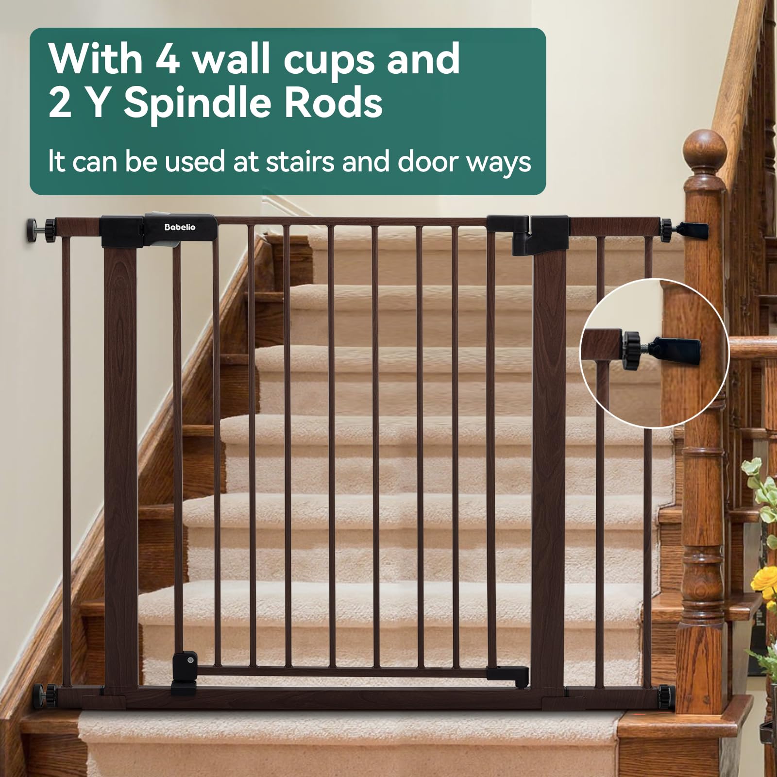 BABELIO 29-40'' Metal Baby Gate with Black Wood Pattern, Auto Close Dog Door for The House?Stairs and Doorways, Pressure Mounted