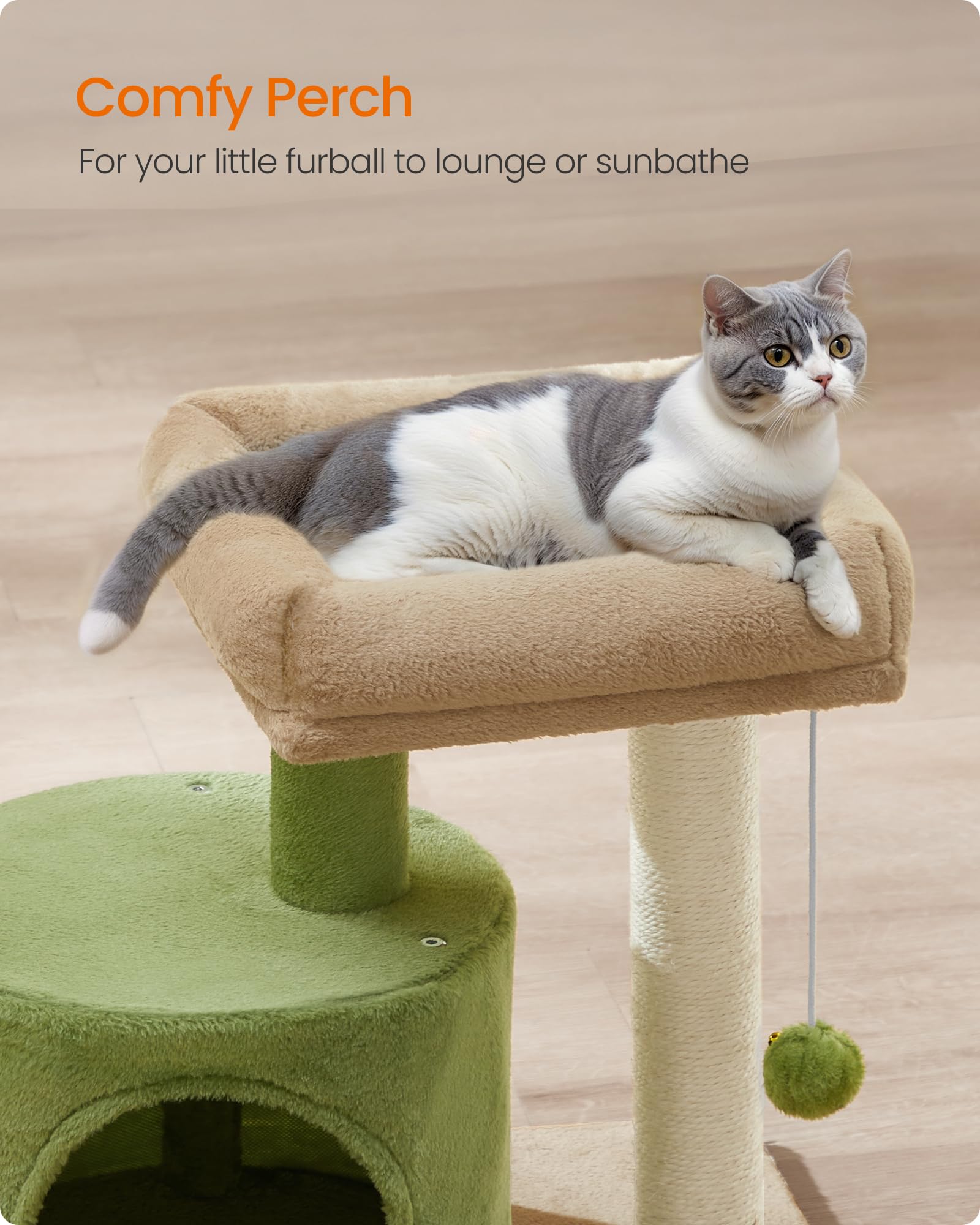 Feandrea Cat Tree Tower with Sisal Scratching Post, Cat Condo with Padded Perch, for Small Spaces, Kittens, Grass Green and Came