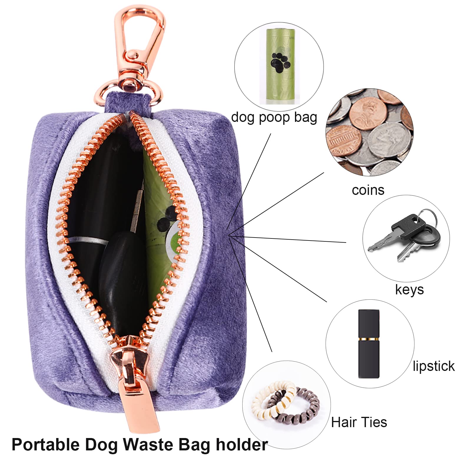 Aring Pet Dog Waste Bag Dispenser, Velvet Doggy Poop Bags Holders Attach To Any Leashes, Purple Portable Washable Pet Waste Pouch Dispenser With Metal Zipper