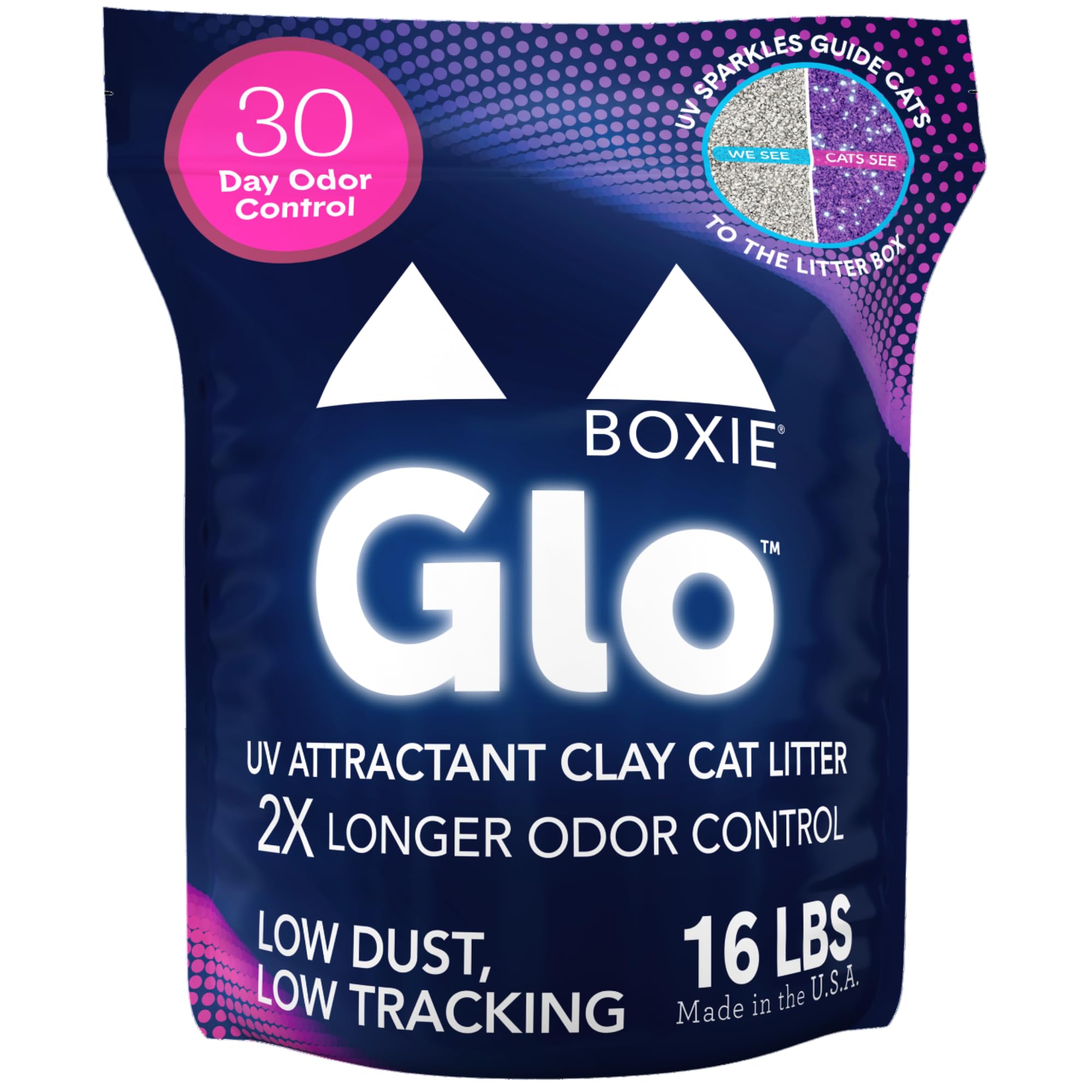 Boxie Glo 30 Day Odor Control Clumping Clay Cat Litter, 16 lb, Multi-Cat, 99.9% Dust-Free, Low Tracking, UV Light Attractant, Su