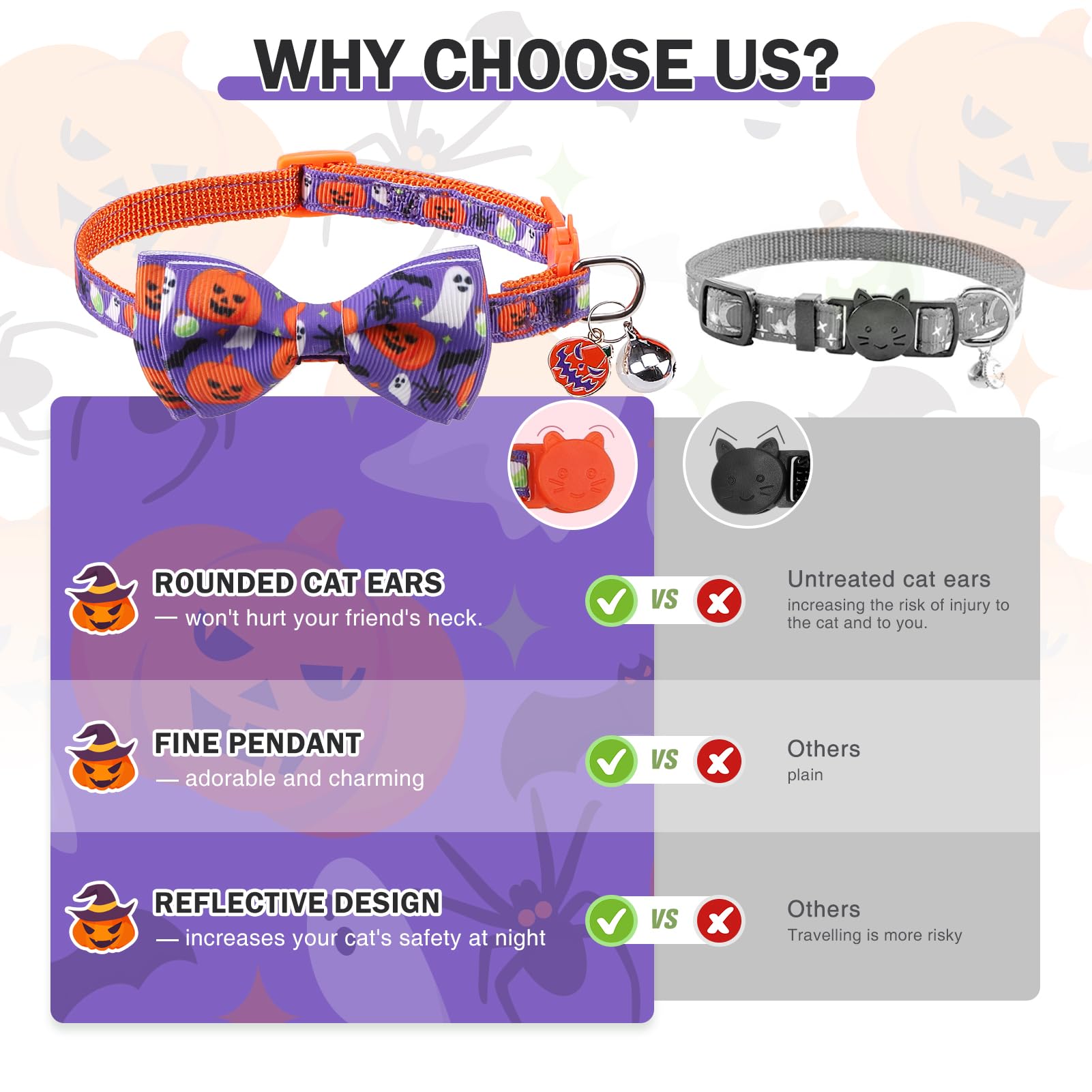 Dillybud Halloween Cat Collar Cat Collar Breakaway With Bell, 2 Pack Safety Adjustable Cat Collars With Pendant, Reflective Cat