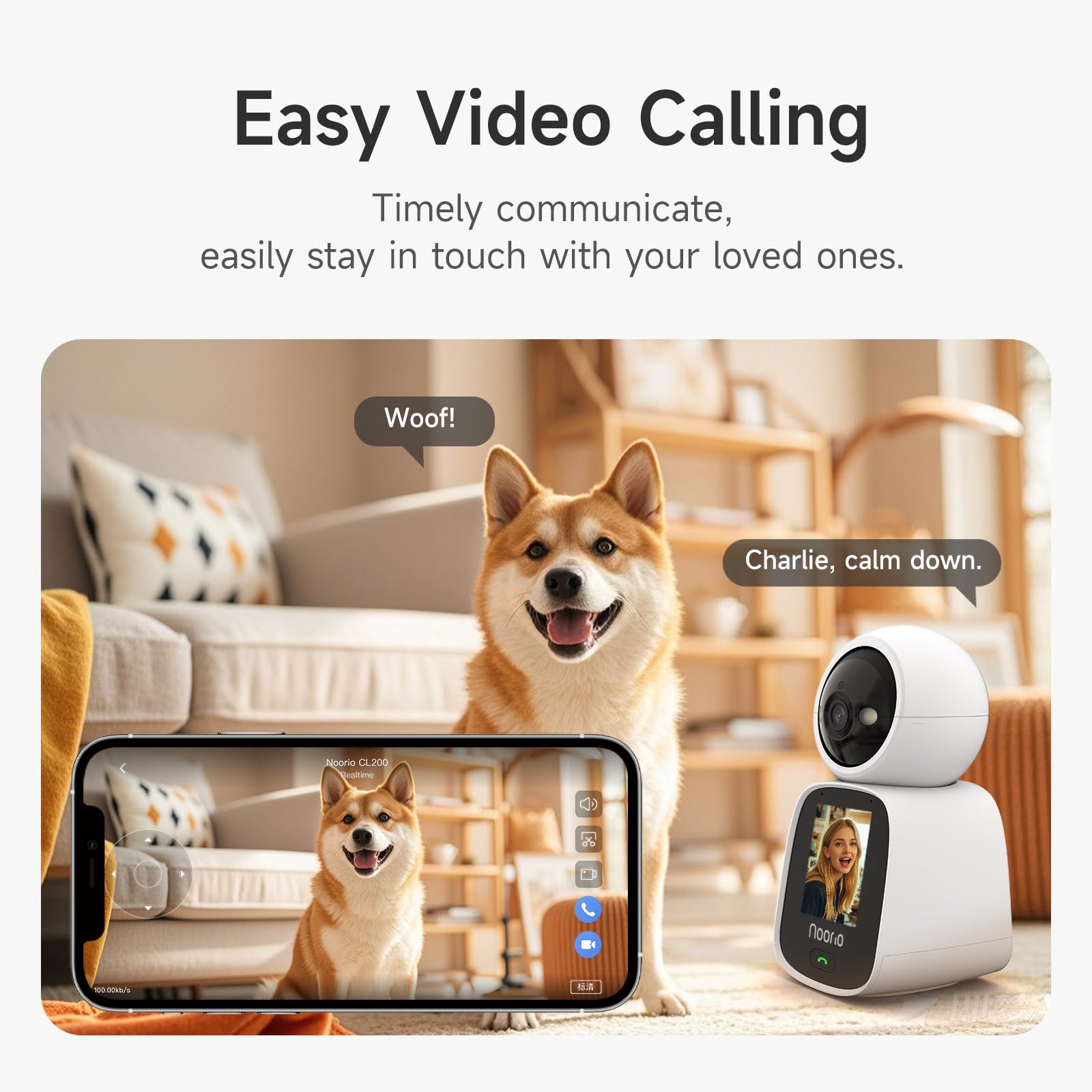 Noorio Two Way Video Calling Camera, 2K One Click Call Pet Camera Indoor with Phone App, 360 PTZ Dog Cam with Speaker, Color Nig