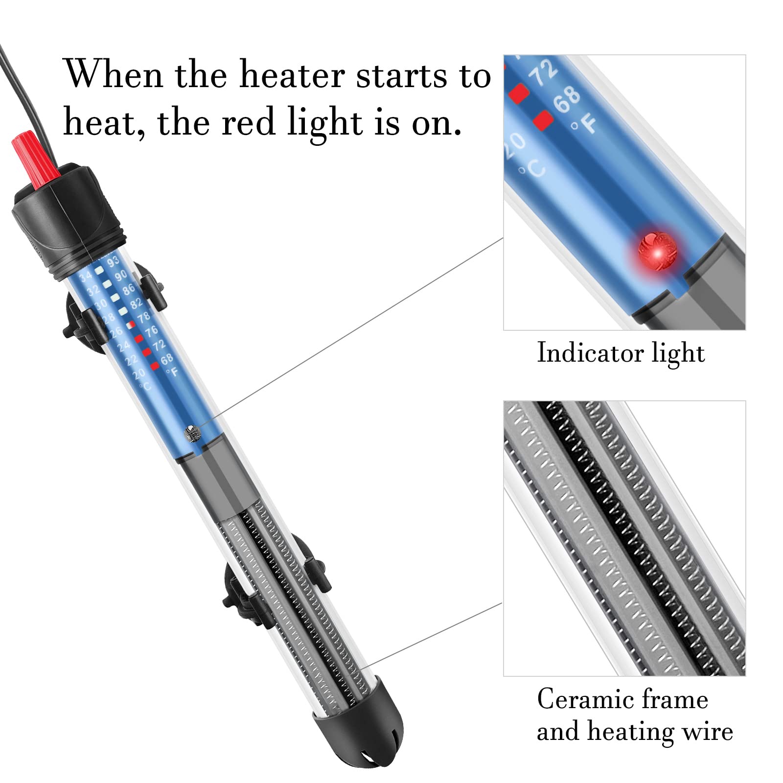Hitop 50W/100W/300W Adjustable Aquarium Heater, Submersible Glass Water Heater For 5 - 70 Gallon Fish Tank (100W)
