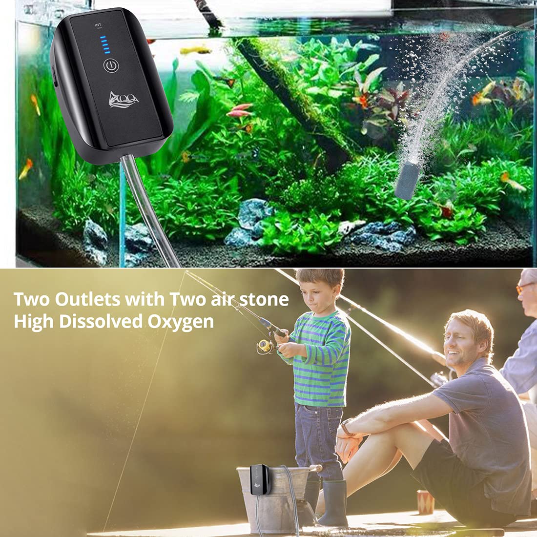 Aqqa Aquarium Rechargeable Air Pump,Multifunctional Portable Energy Saving Power Quiet Oxygen Pump, One/Dual Outlets With Air St