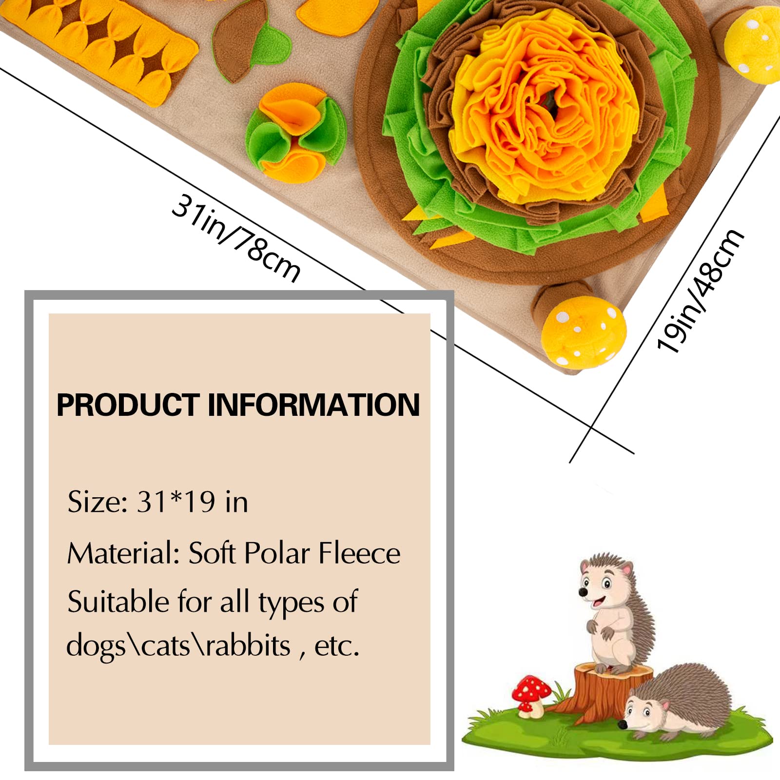 Meilzer Pet Snuffle Mat for Dogs Hedgehog Puzzle Toy Large Sniffing Mat with Squeaky Mushrooms Portable Indoor/Outdoor Digging M