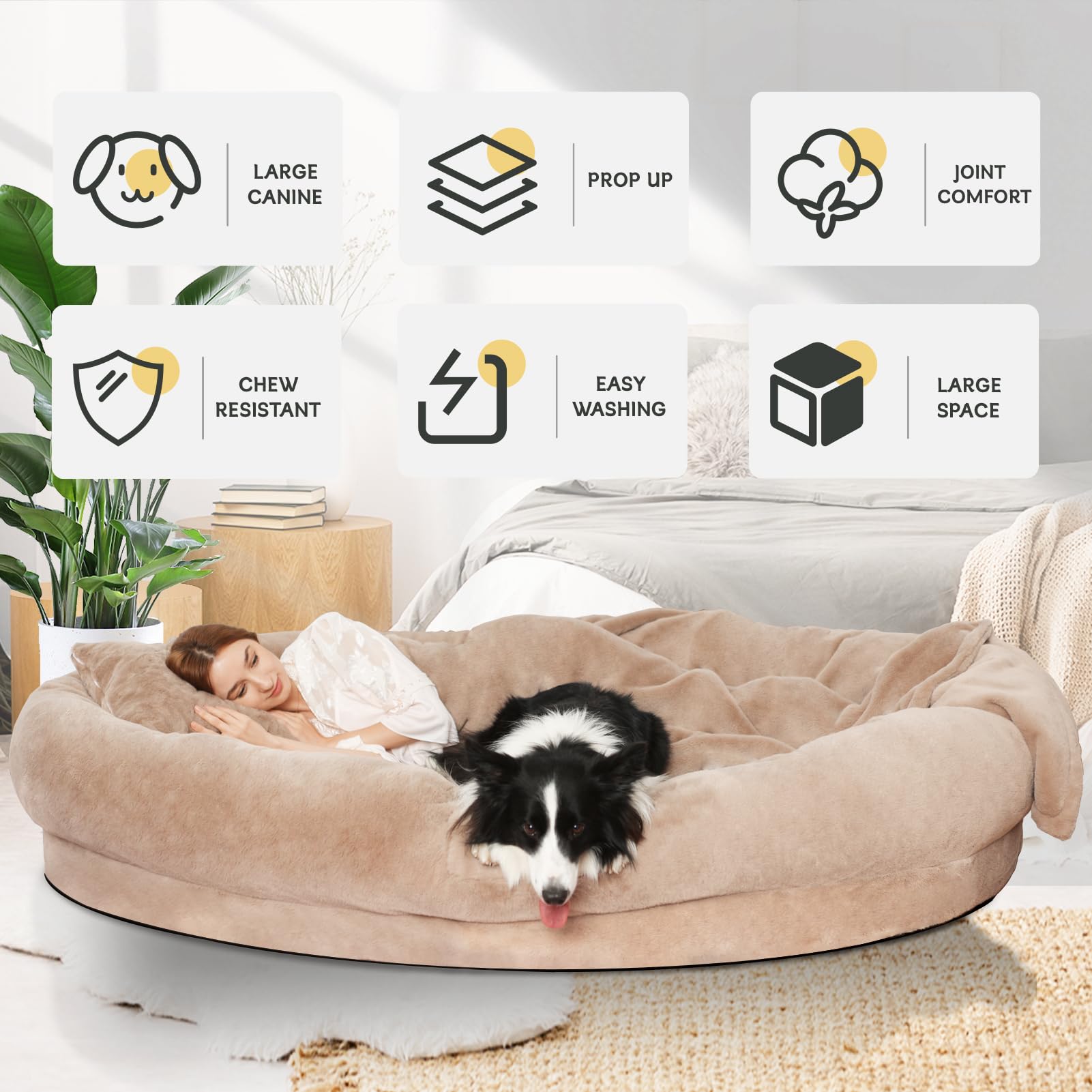 Fvkind Giant Dog Bed for Humans - 70"x33"x12" Orthopedic, Washable Faux Fur, Grey