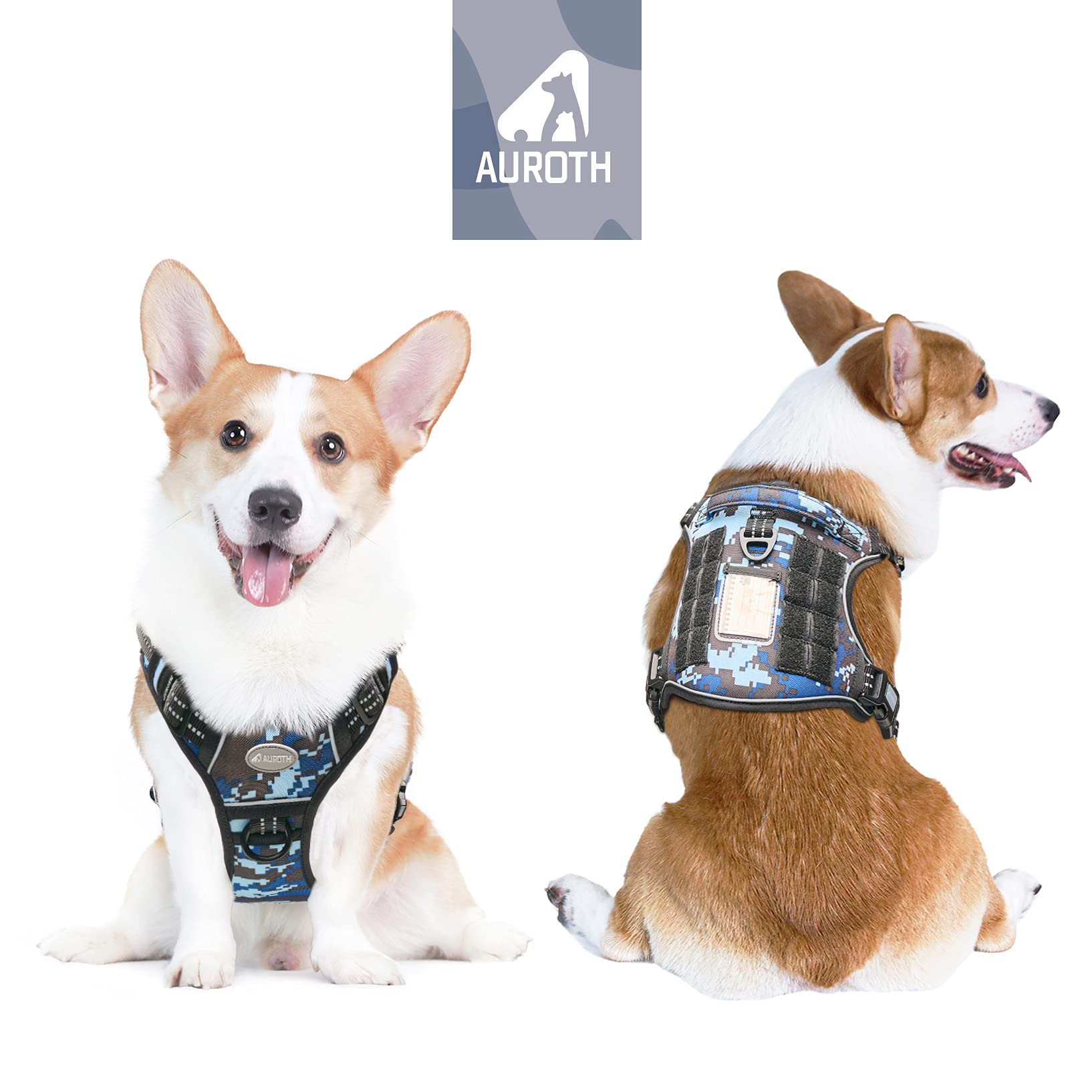 Auroth Tactical Dog Training Harness No Pulling Front Clip Leash Adhesion Reflective K9 Pet Working Vest Easy Control For Small Medium Large Dogs Blue Camo M