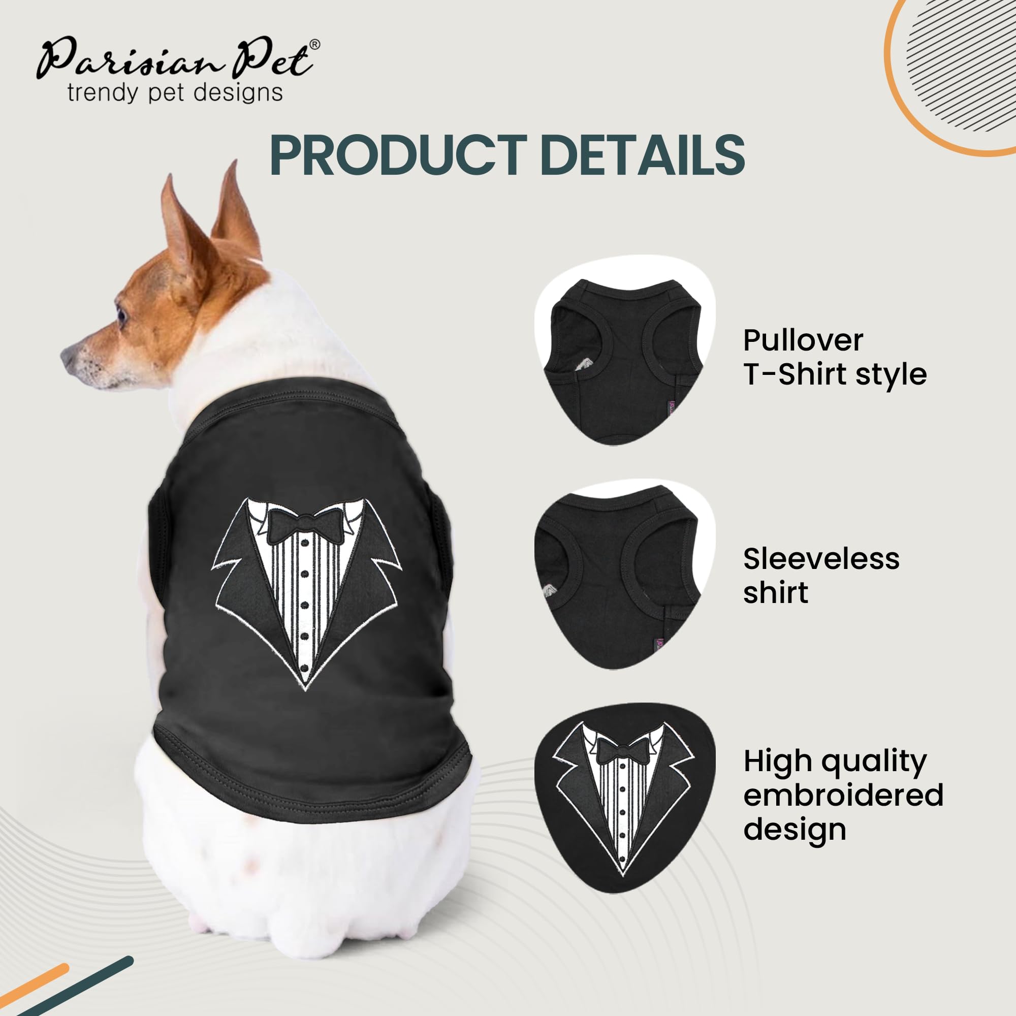 Parisian Pet Dog Tshirt - Embroidered  Tuxedo Tank Top - 100% Cotton And Lightweight Dog Clothes - Sleeveless Machine Washable B