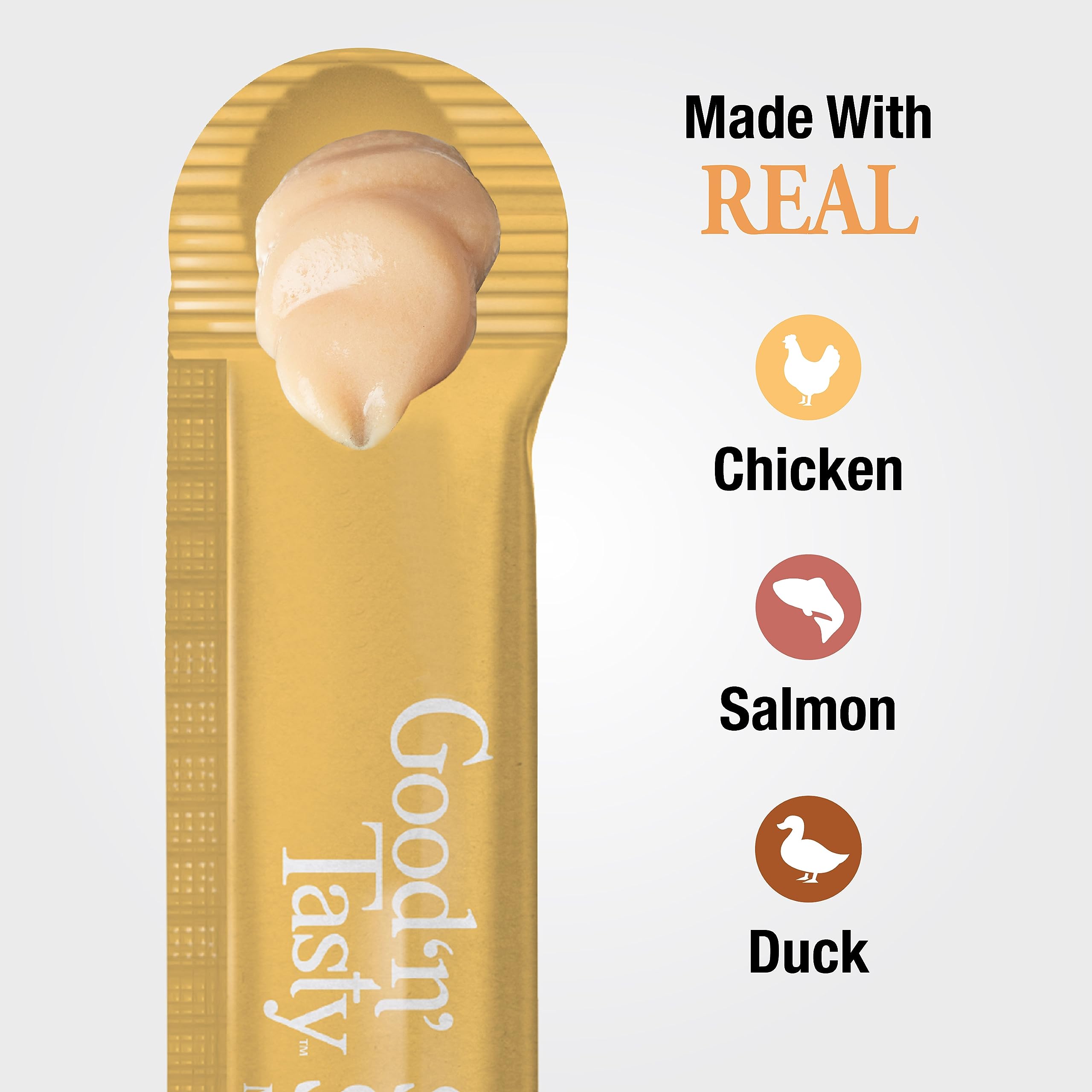 Good n Tasty Savory Spoonables with Real Chicken, Salmon & Duck, 10 Count Tube, Triple Flavor Squeezable Lickable Wet Treats for