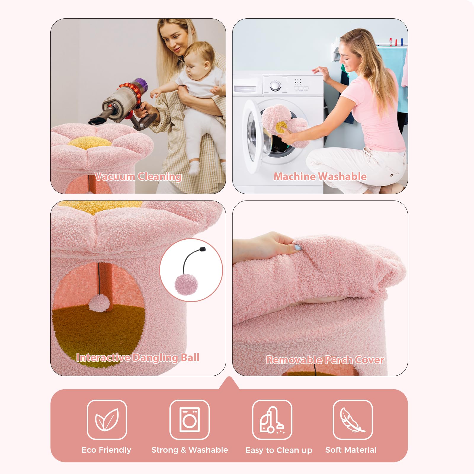 Petepela Cat Beds For Indoor Cats, Small Cute Cat Tree House With Removable Flower Cat Bed, Cat Hideaway, Indoor Cat House Condo