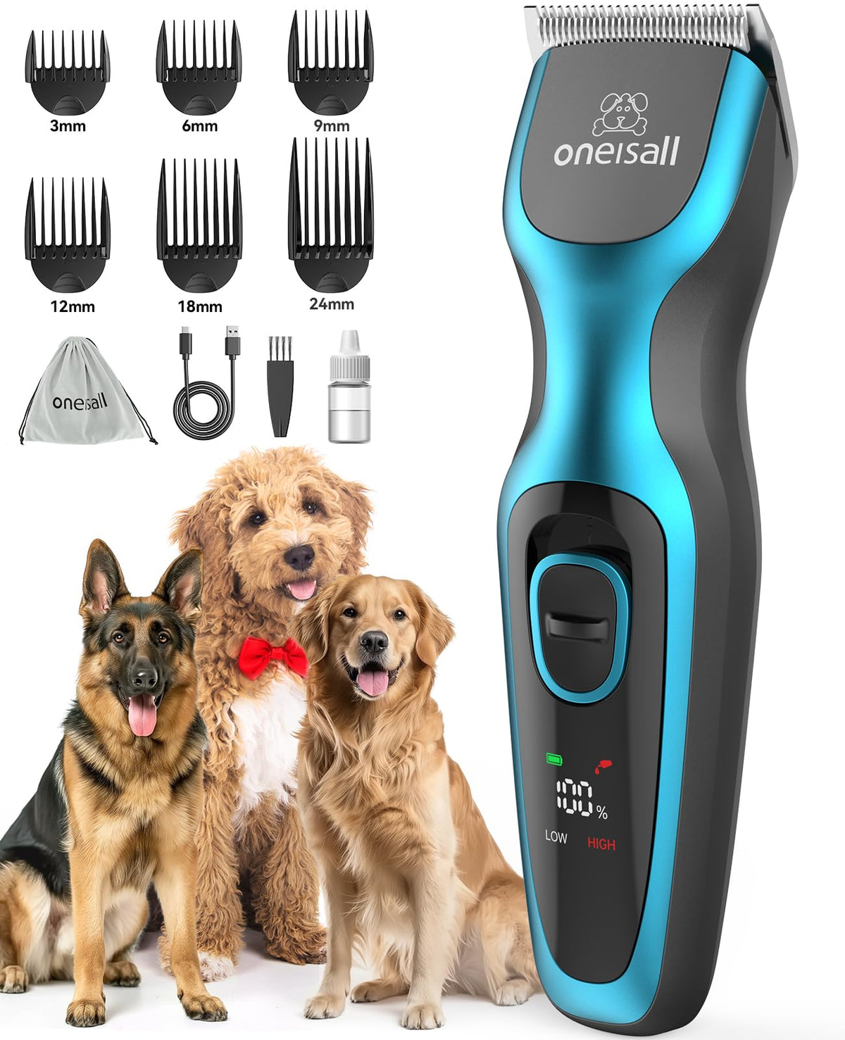 Oneisall Dog Clippers For Grooming Quiet Cordless Dog Clippers 2 Adjustable Speed Dog Grooming Clippers With Detachable Stainles