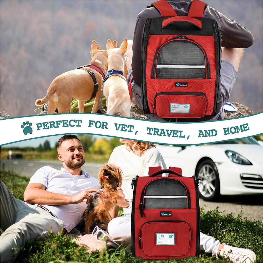 Petami Dog Backpack Carrier For Small Large Cat, Pet, Puppy, Ventilated Pet Hiking Backpack Travel Bag, Airline Approved Cat Backpack Carrier, Camping Biking Dog Bag Up To 18Lbs Pet, Red
