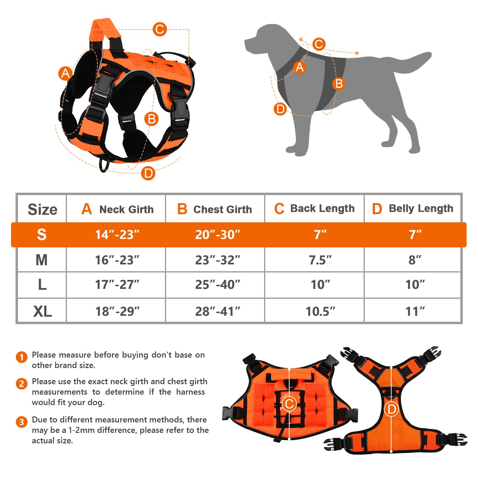 Wingoin Orange Dog Tactical Harness For Small Dogs No Pull Adjustable Reflective K9 Military Dog Service Dog Harnesses With Handle, Metal Buckles For Dachshund, Boston Terrier, Beagle(S)