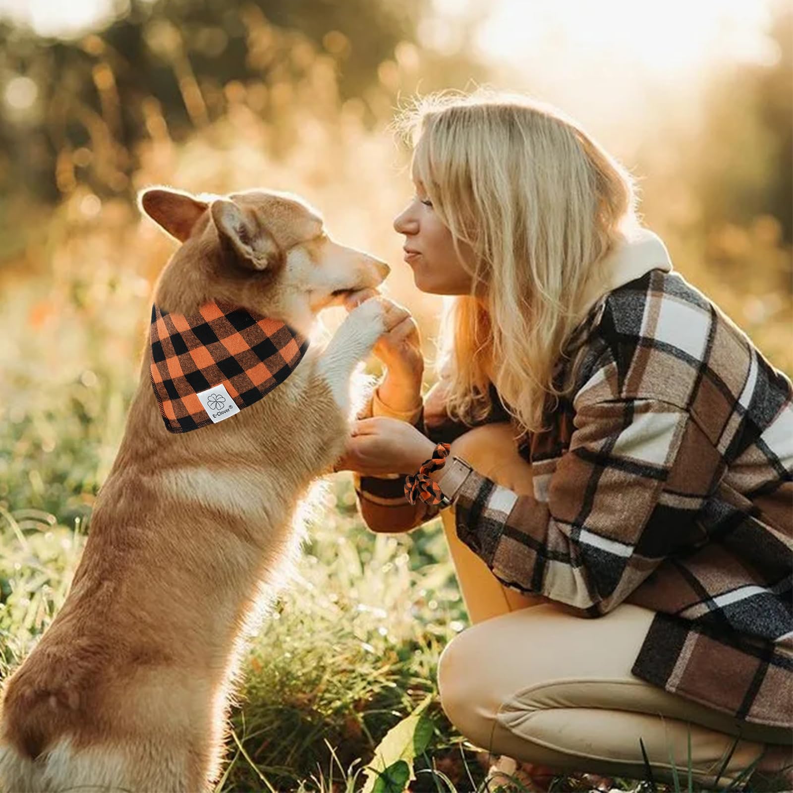 E-Clover Dog Bandana & Matching Scrunchie-Orange Black Dog Bandanas Plaid Pet Scarf Bib For Medium Large Dogs Girl Boy Owner Gif