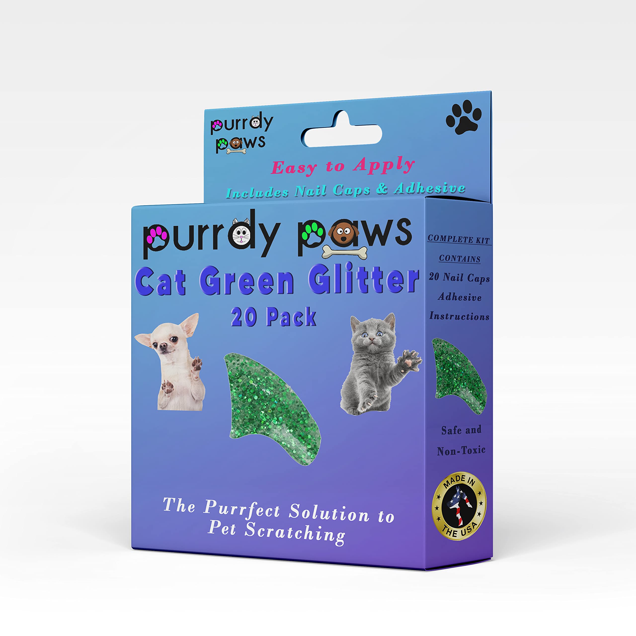 Purrdy Paws Soft Nail Caps For Cat Claws Green Glitter Large