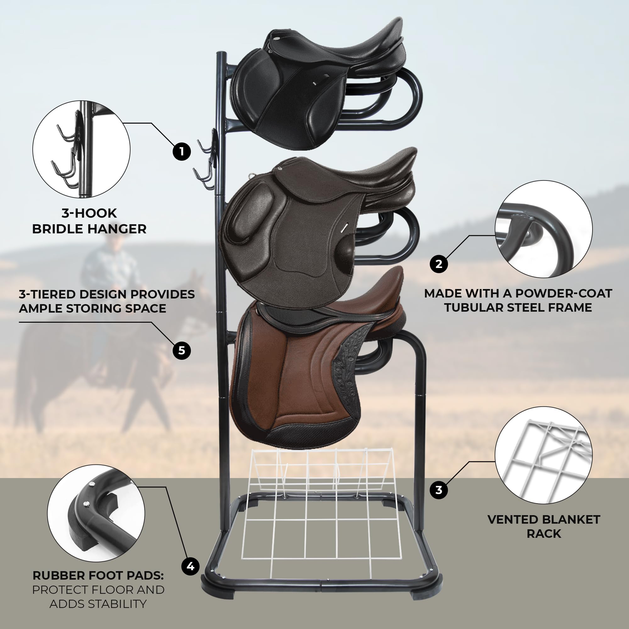 Homestead 220 Lbs Rolling Saddle Rack Cart with Basket - Heavy Duty Saddle Stand for Western Horse Gear, Organizers and Storage