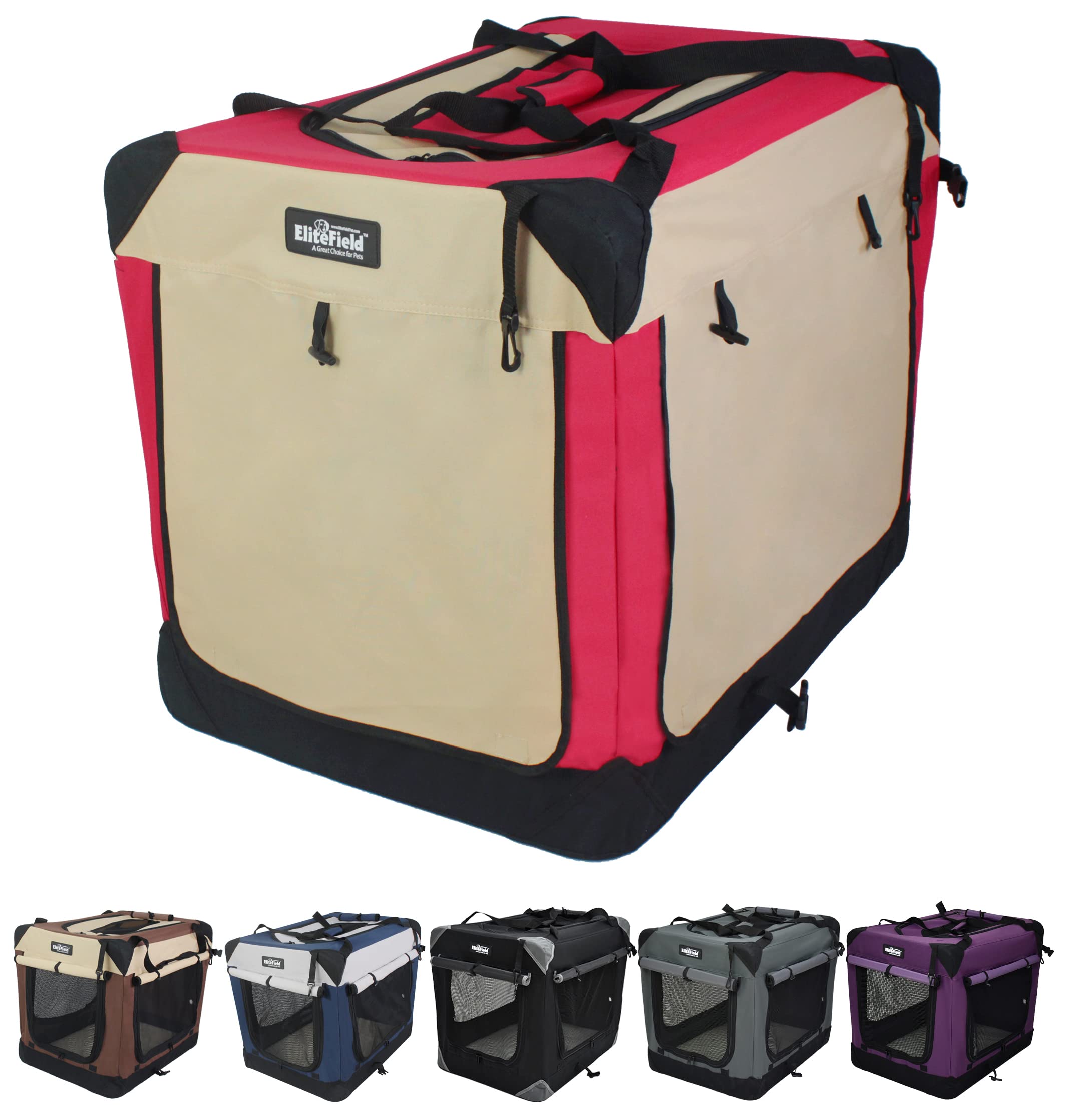 Elitefield 4-Door Folding Soft Dog Crate With Curtains, Carrying Bag And Fleece Bed (2 Year Warranty), Indoor & Outdoor Pet Home