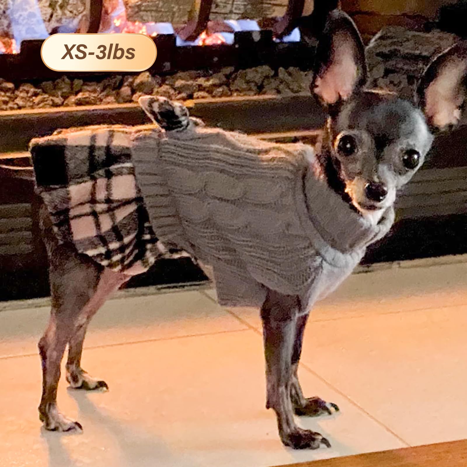 Kyeese Dogs Sweater Dress With Leash Hole For Small Dogs Plaid With Bowtie Turtleneck Dog Pullover Knitwear Puppy Cat Sweaters Grey