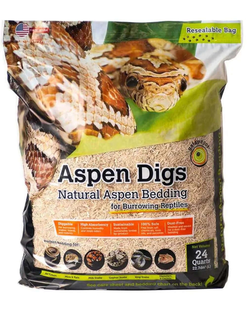 Galápagos (05066) Aspen Digs® Premium Bedding For Burrowing Snakes, Rodents & Reptiles, Dust-Free, High Absorbency & Odor Control, 24Qt, Natural