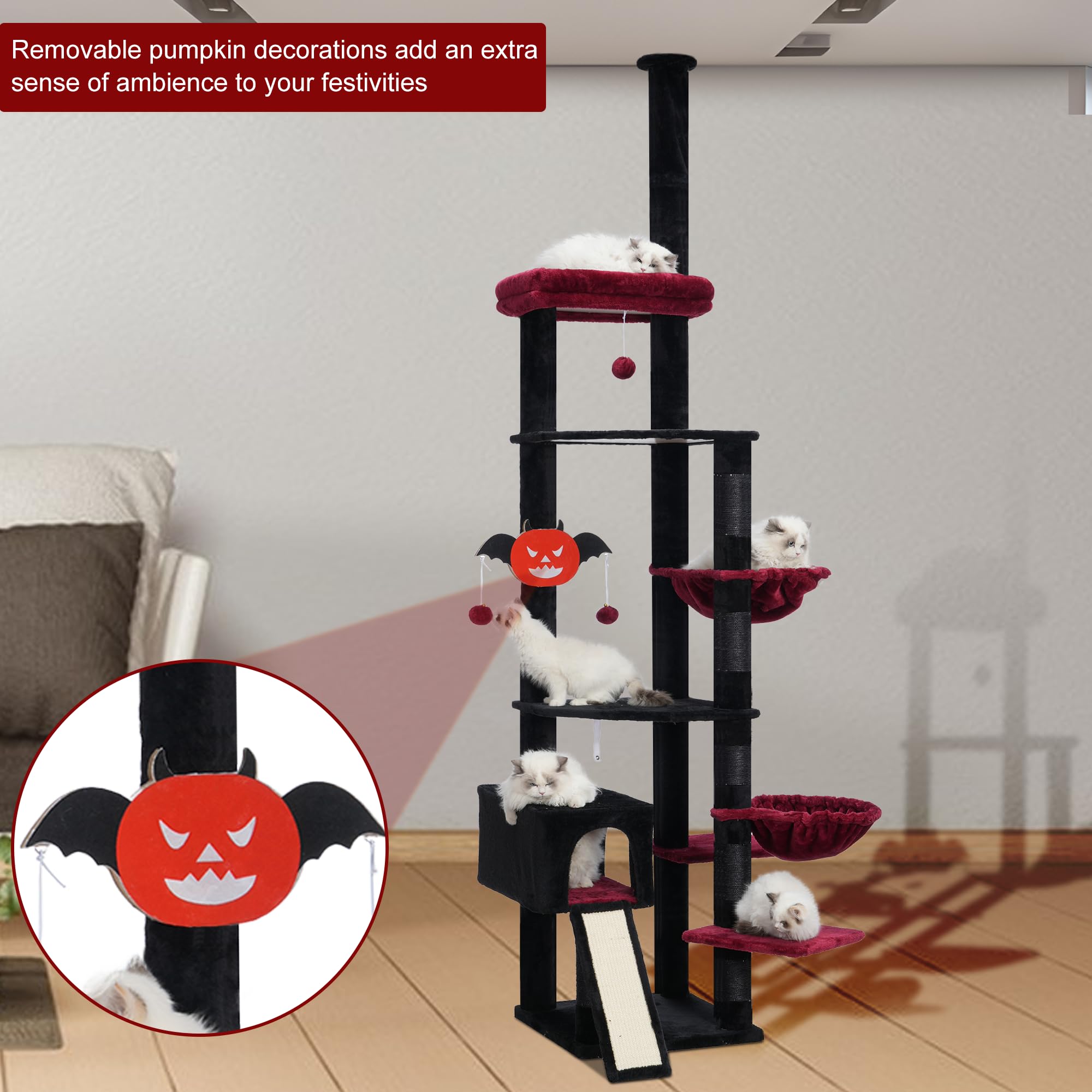 Hebly Cat Tree 92.5-104.3 Inches With Hammock, Floor To Ceiling Gothic Cat Condo,Tall Cat Climbing Tower Adjustable With Scratch