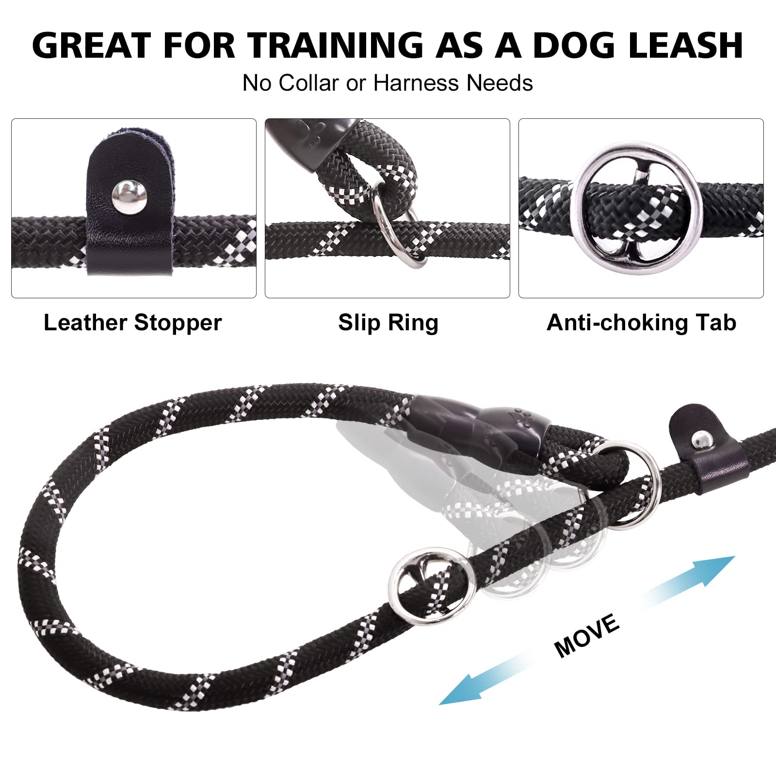 Betmaypet Slip Lead Dog Leash - 4/5/6 FT With Comfortable Handle - Reflective & Heavy Duty Rope for Training (1/2''- 5FT, Black)