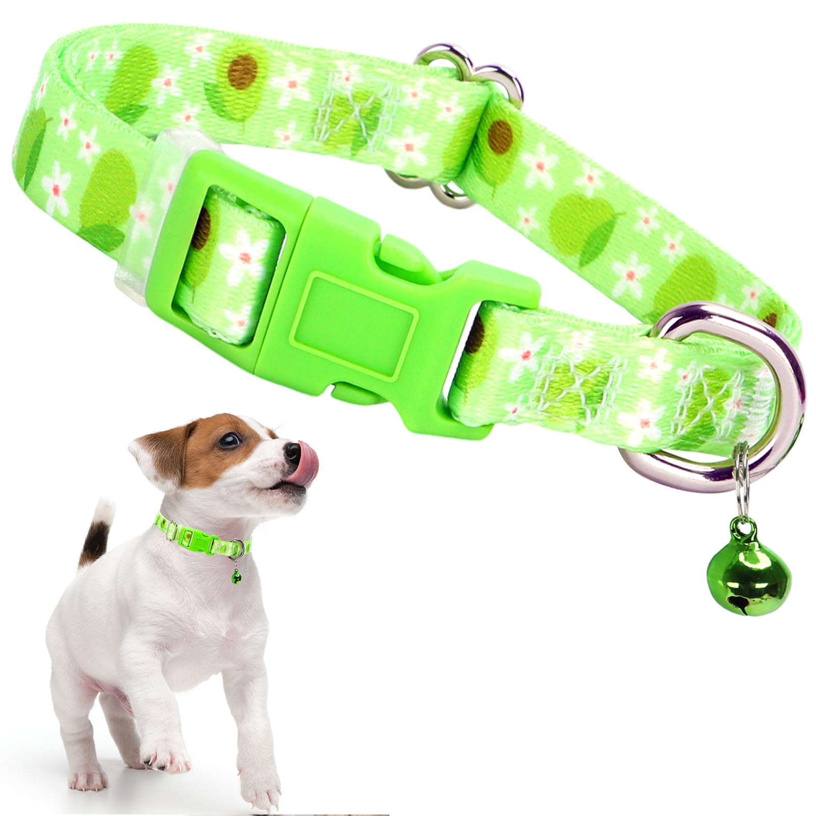 Avocado Small Dog Collar With Bell, Soft Adjustable Green Avocado Puppy Collar Tiny Cat Collars With Bells For Xs Small Girl And