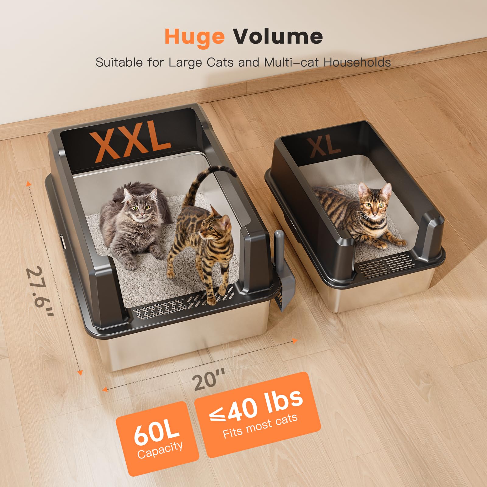 Woofigo Xxl Stainless Steel Cat Litter Box With High Sided, 27.6'' L X 20'' W X 14'' H Extra Large Litter Box For Big Cats And M