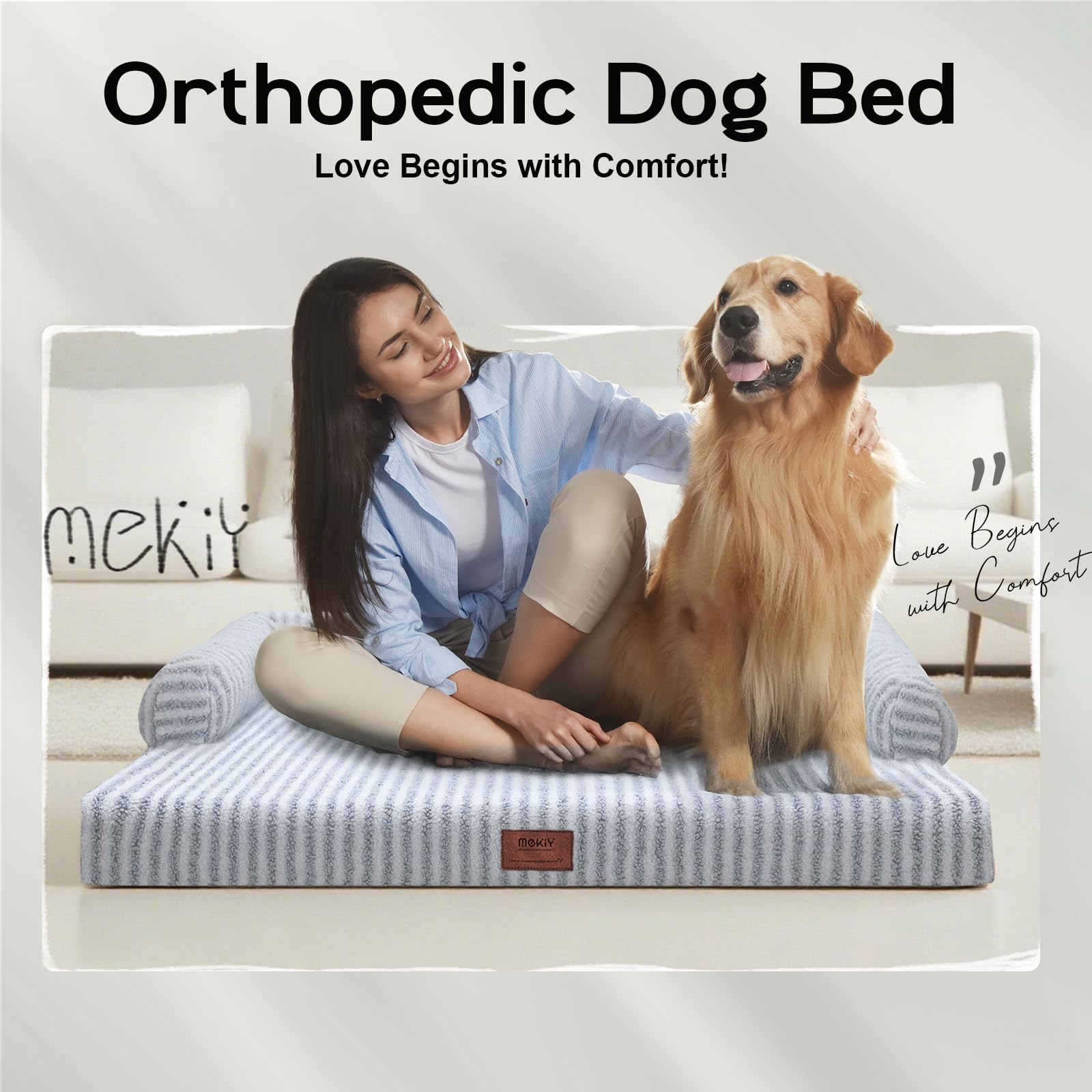 MEKIY Orthopedic Waterproof Dog Bed - Extra Large 42"x30"x8" - Light Gray Stripe, Washable Cover, Non-Slip Bottom