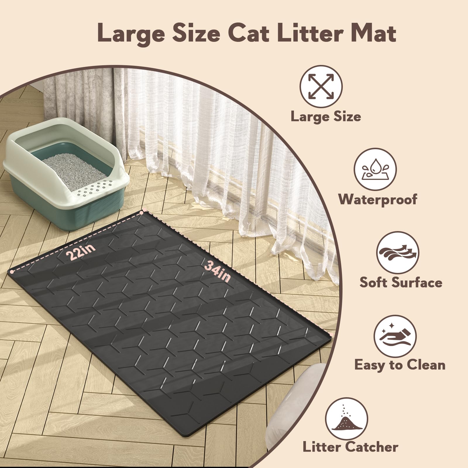 Garoopion Silicone Cat Litter Trapping Mat, Large Waterproof 34'' X 22'' Cat Litter Box Mat, Easy To Clean, Black