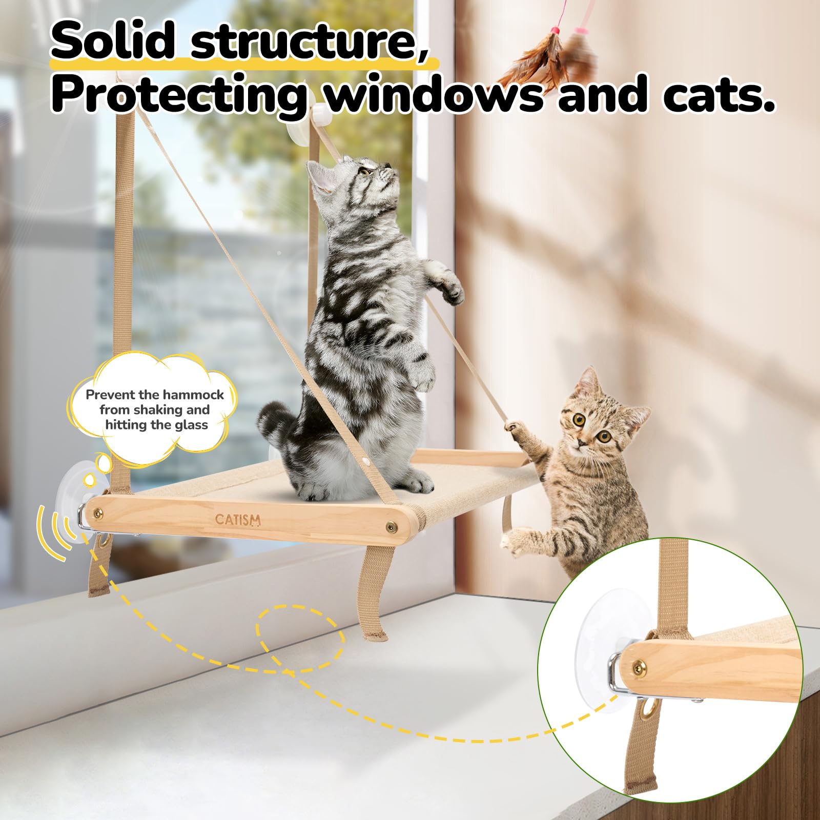 CATISM Cat Window Perch - Hammock - Window - Seat - Home - Cat Bed for Small to Medium Indoor Cats, Wooden Solid Structure, 4 Su