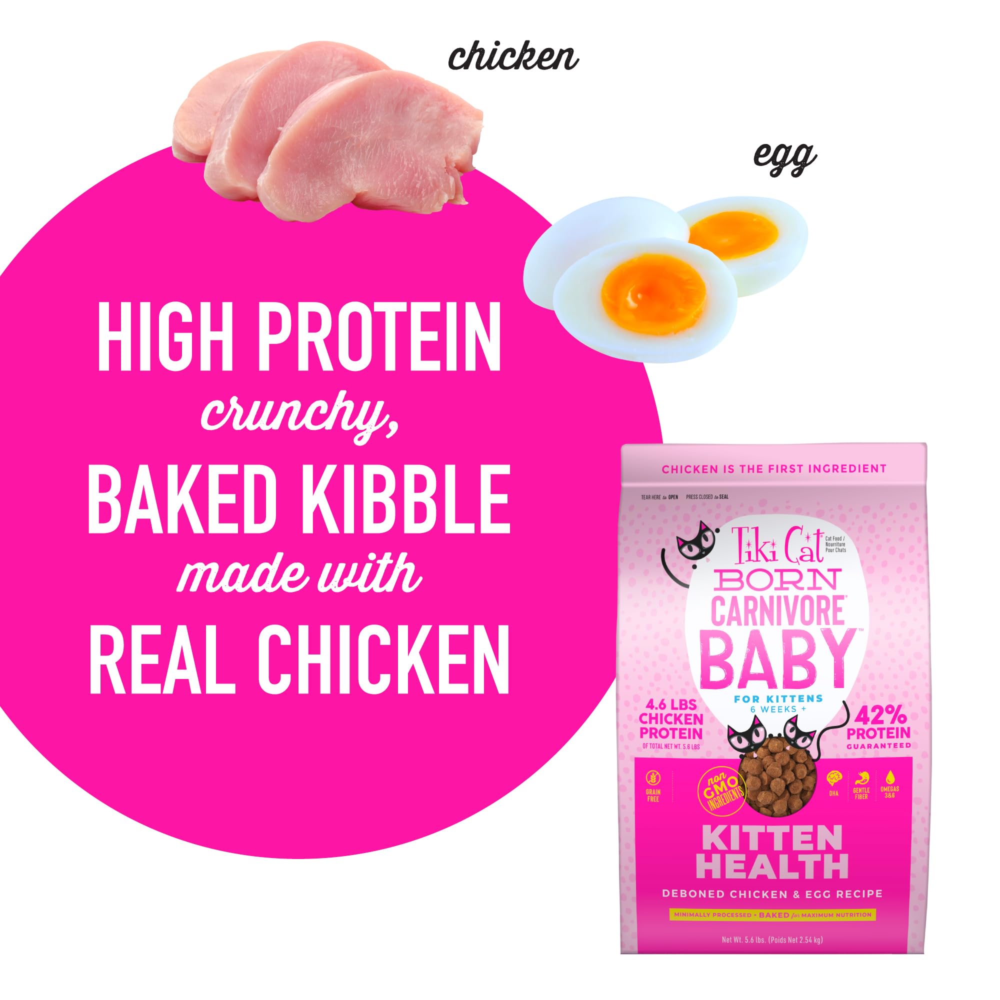 Tiki Cat Born Carnivore Baby, High-Protein and Grain-Free, Complete and Balanced Dry Cat Food for Kittens 6 Weeks+, 5.6 lbs. Bag