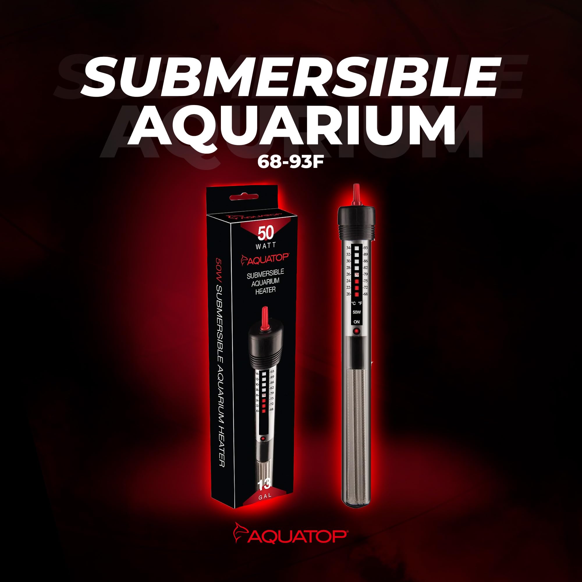 Aquatop 50W Aquarium Submersible Glass Heater – Adjustable Temperature 68-93°F – Fish Tanks Up To 13 Gal – For Freshwater & Saltwater Use – Gh-50