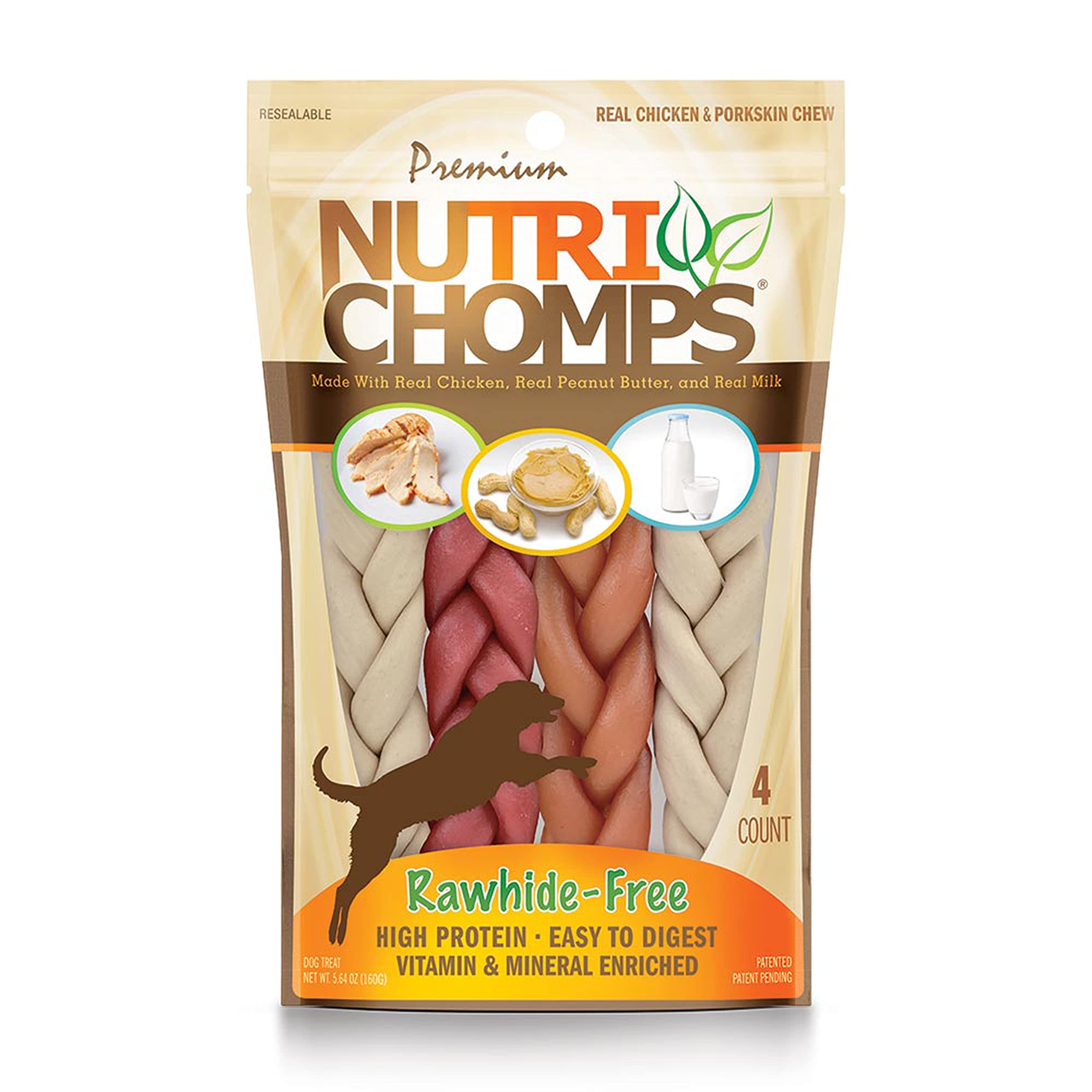 NutriChomps Dog Chews, 6-inch Braids, Easy to Digest, Rawhide-Free Dog Treats, Healthy, Real Chicken, Peanut Butter and Milk fla