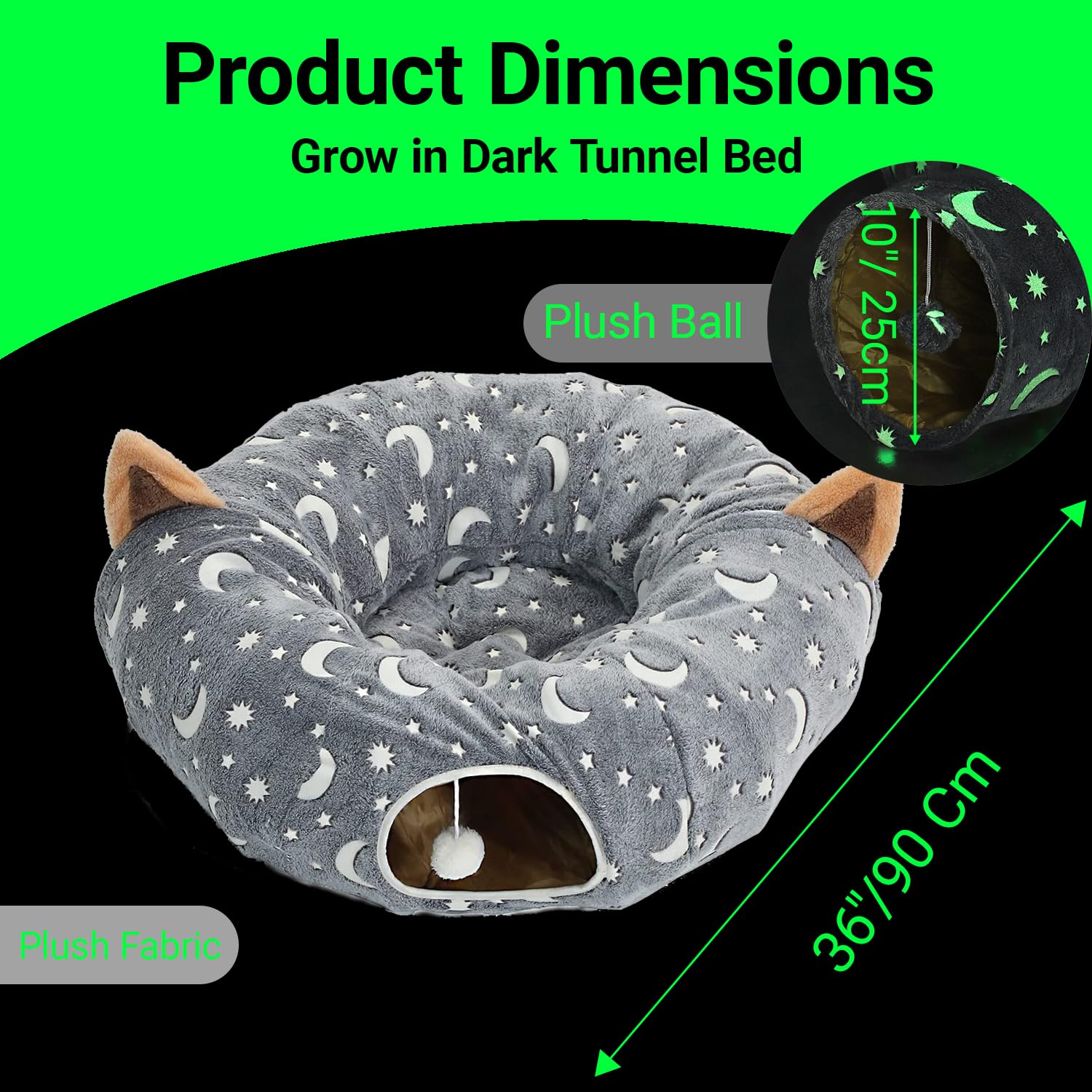 Luckitty Cat Tunnel Bed Tube With Cushion And Plush Ball Toy Playground Crinkle Collapsible Self-Luminous Flannel Fabric 3Ft For