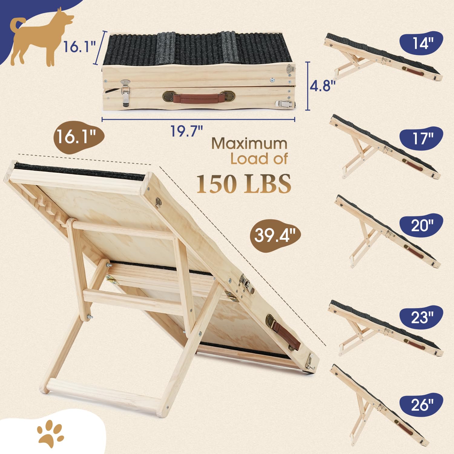 Dog Ramps For Couch - Small To Medium Dogs And Cats Use - Non-Slip, Sturdy Build Foldable Ramp - Wooden Portable Dog Ramp Perfec