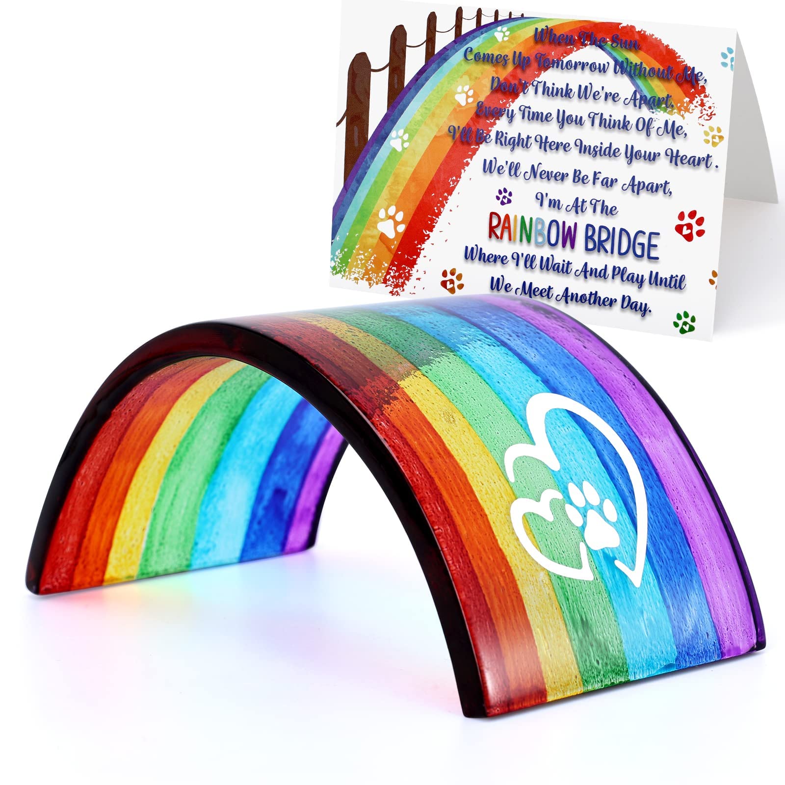 Huray Rayho Rainbow Bridge Fused Glass 3D Colorful Bridge With Sympathy Card Memorial Gift For Dog Cat Guinea Pig Lover Pet Lost Present Sorry Gift Set Of 2