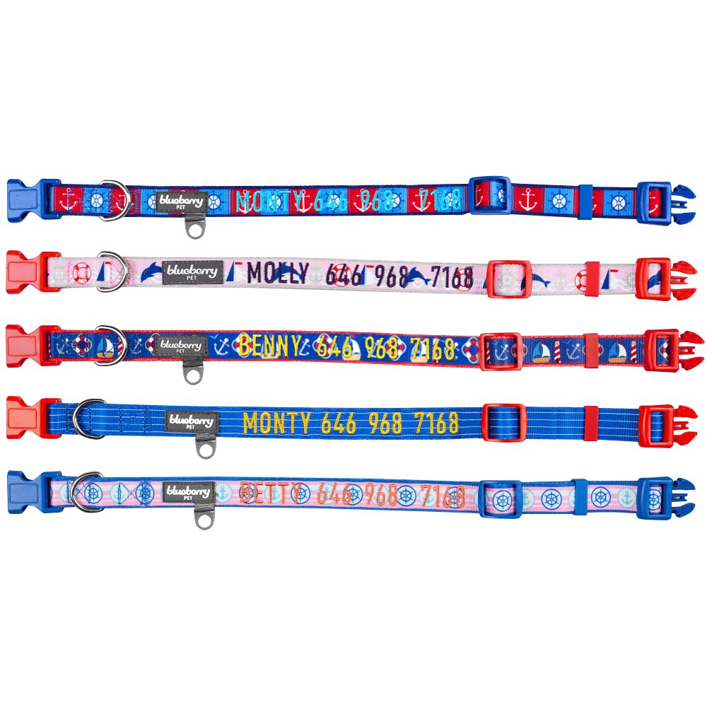 Blueberry Pet Essentials 8 Patterns Personalized Dog Collar, Nautical Navy Sailor, Medium, Adjustable Customized Id Collars For
