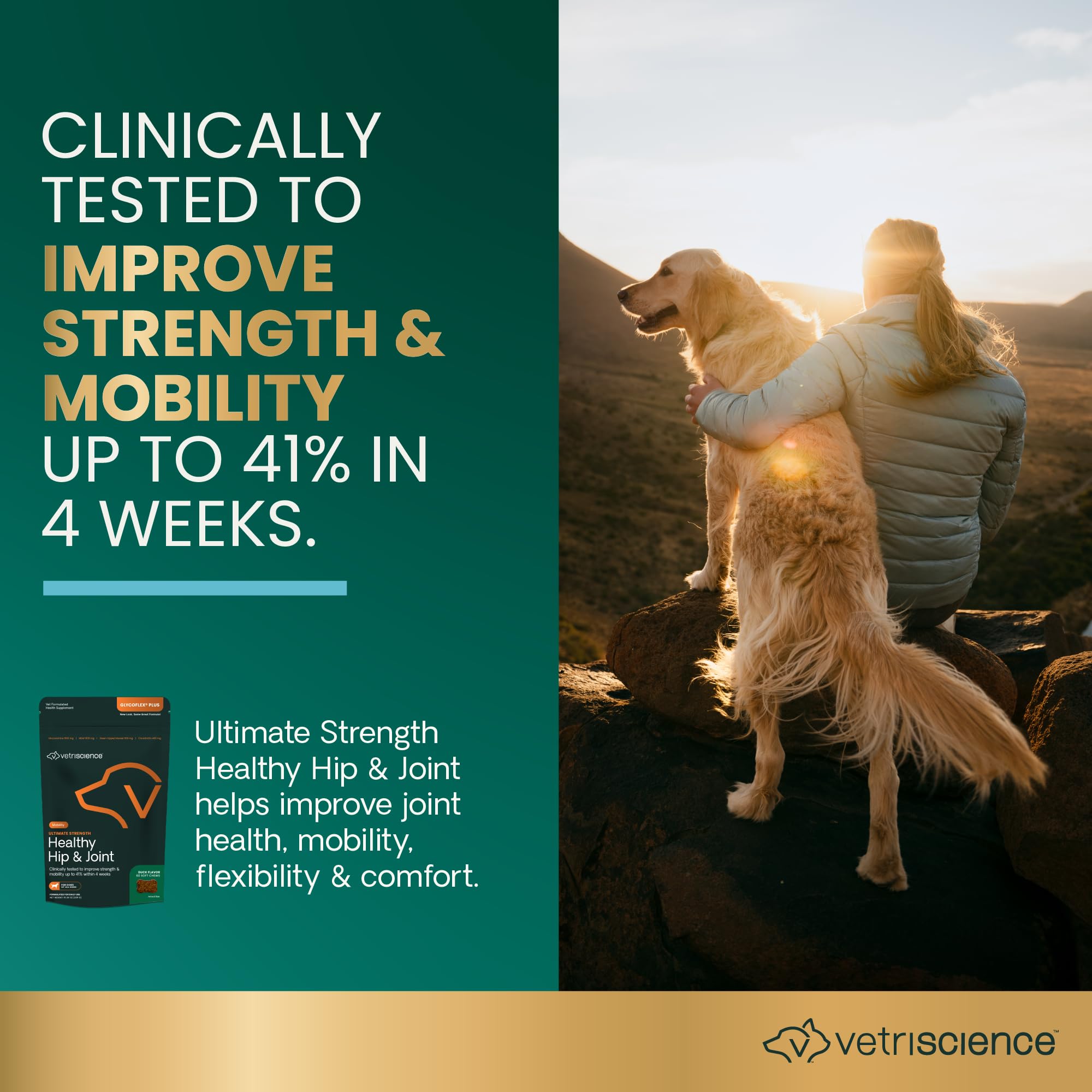 VetriScience Ultimate Strength Healthy Hip & Joint Chews, GlycoFlex Glucosamine, Chondroitin & Green-Lipped Mussel Joint Support