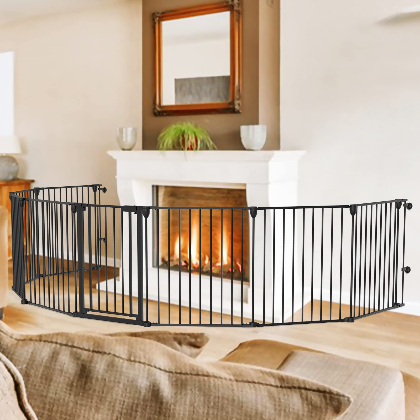Kfvigoho Baby Gate 35'-198' Extra-Wide Gate For Stairs, Play Yard Child Safety Gate, Dog-Gate With Auto-Close Door, Double Locking System For Fireplace, Kitchen, Foldable 8 Steel Panels, 29' Height