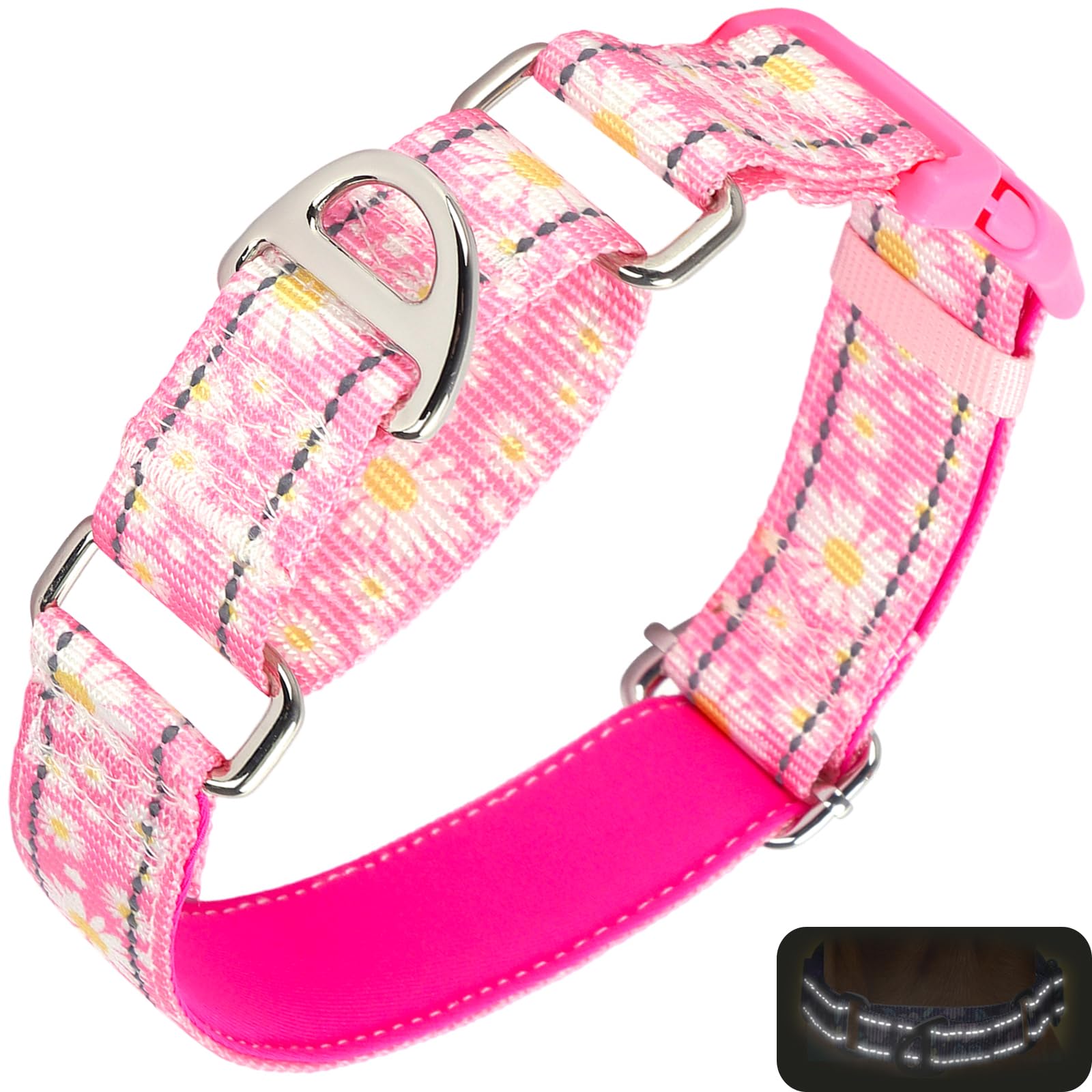 Onefojojo Pink Daisy Martingale Dog Collars For Dogs, Reflective Nylon Dog Collar With Buckle Adjustable Training, Walking, Hunt