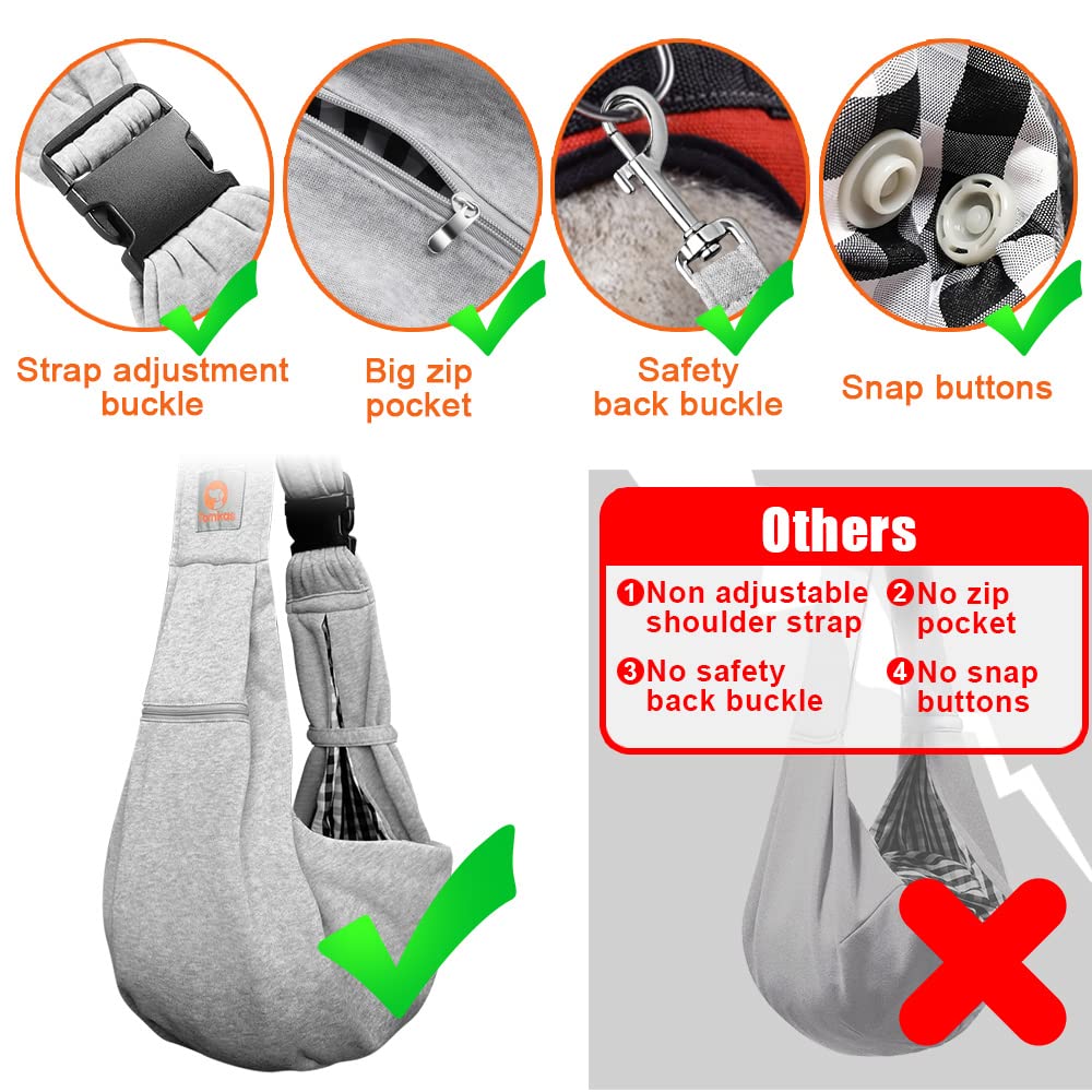 Tomkas Small Dog Sling Carrier - Zipper Pocket & Adjustable Strap & Zip Pocket - For 3-10 Lbs Pets(Grey) Puppy