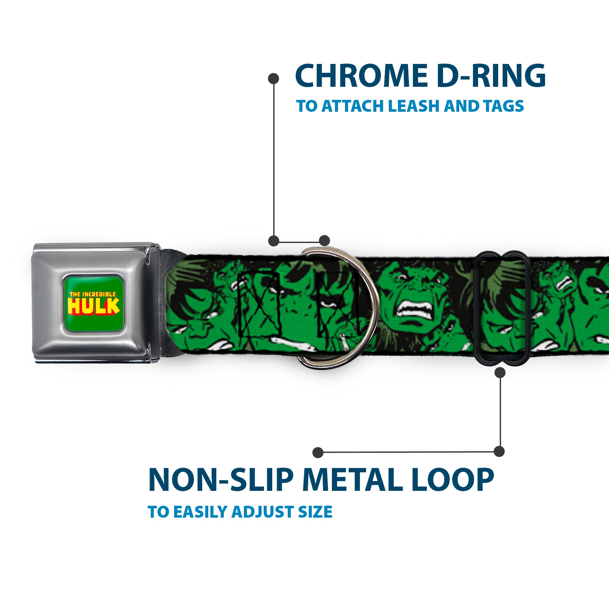Buckle-Down Seatbelt Buckle Dog Collar - The Incredible Hulk W/Repeat Close-Up - 1.5' Wide - Fits 16-23' Neck - Medium
