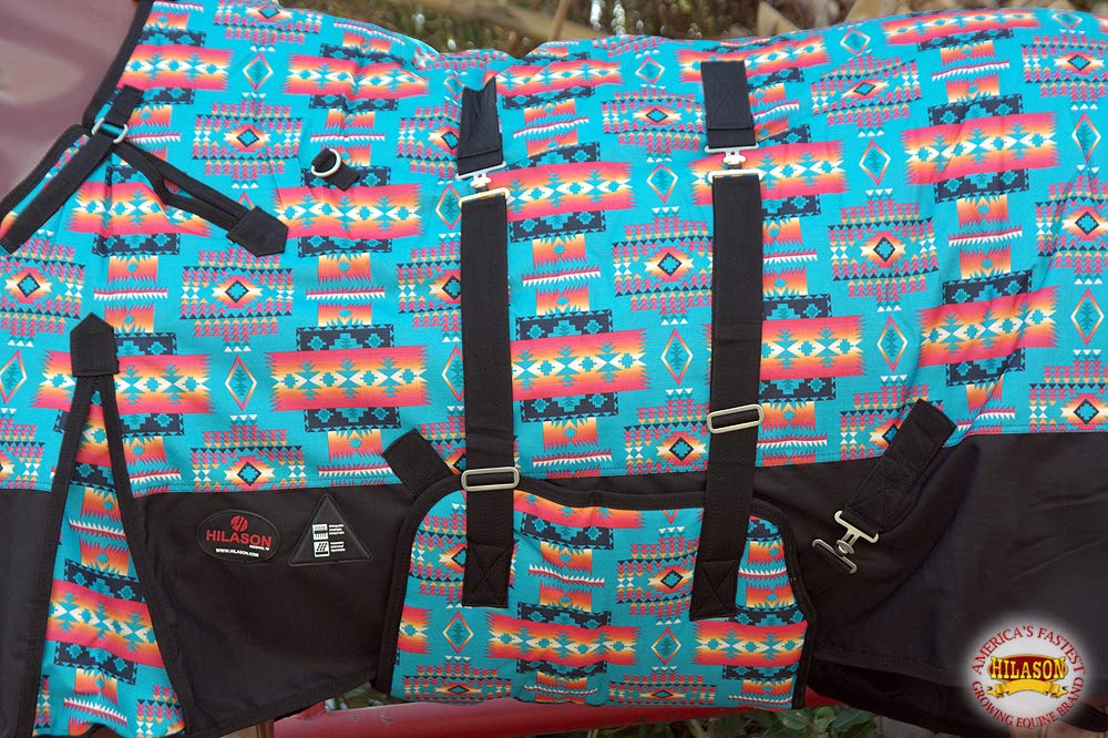 Hilason Turquoise Aztec 66 In 1200D Winter Waterproof Poly Horse Blanket Belly Wrap | Horse Blanket | Horse Turnout Blanket | Ho