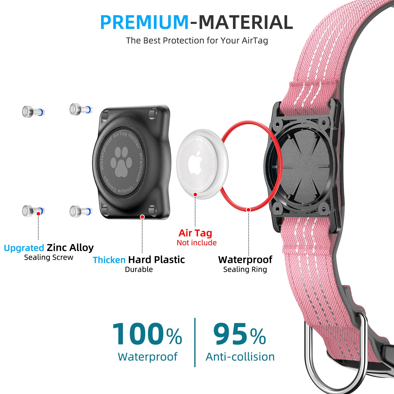 Upgraded Airtag Dog Collar, Ip68 Waterproof Air Tag Dog Collar Holder, Reflective, Ultra-Durable, Comfortable Padded, Heavy Duty Dog Collars For Small Medium Large Dogs (L (14.8'-20.3'), Pink)