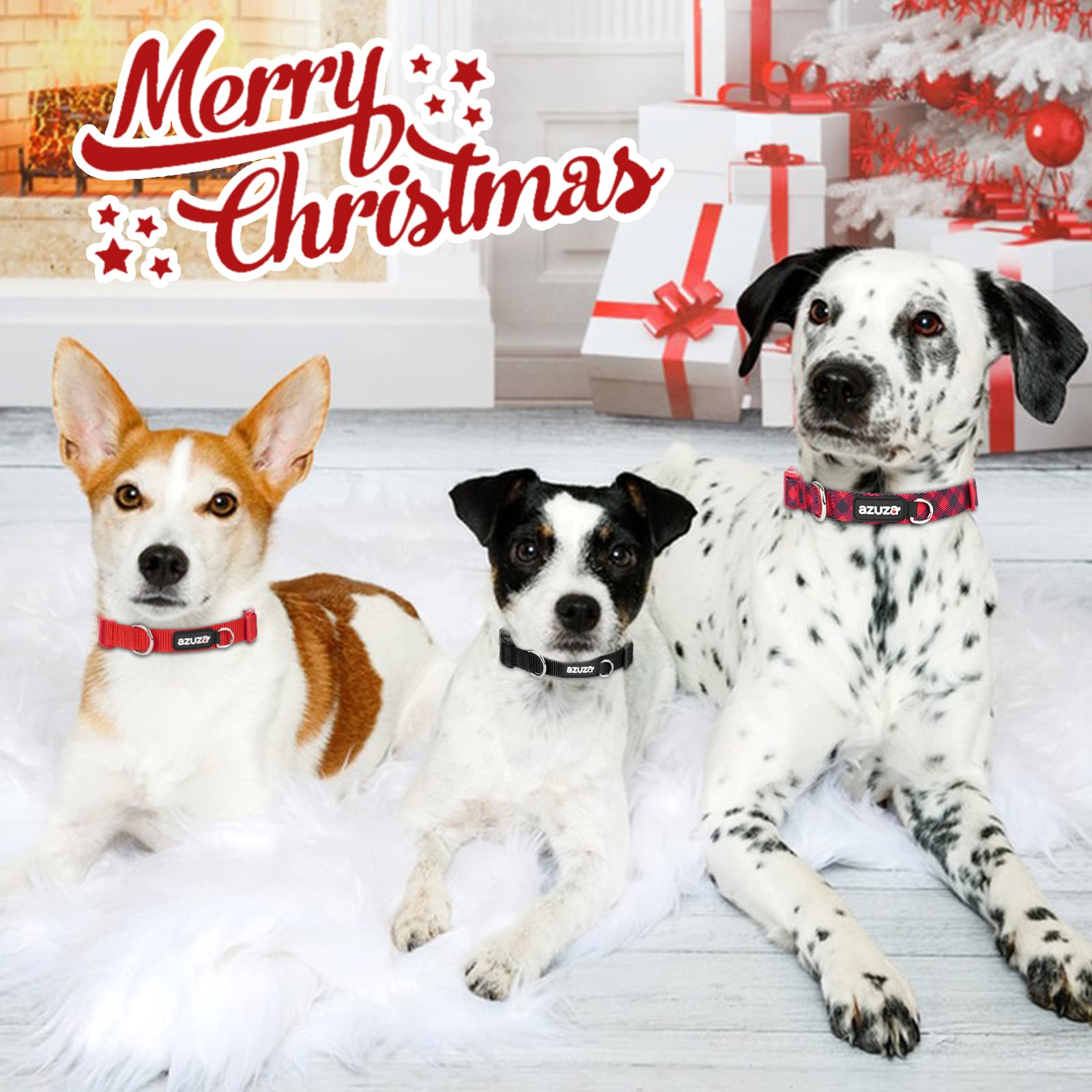 Azuza 3 Pack Christmas Nylon Dog Collars Buffalo Check Durable And Comfortable Dog Collars With Id Tag Ring Adjustable For Large Dogs, L (18-26Inch)