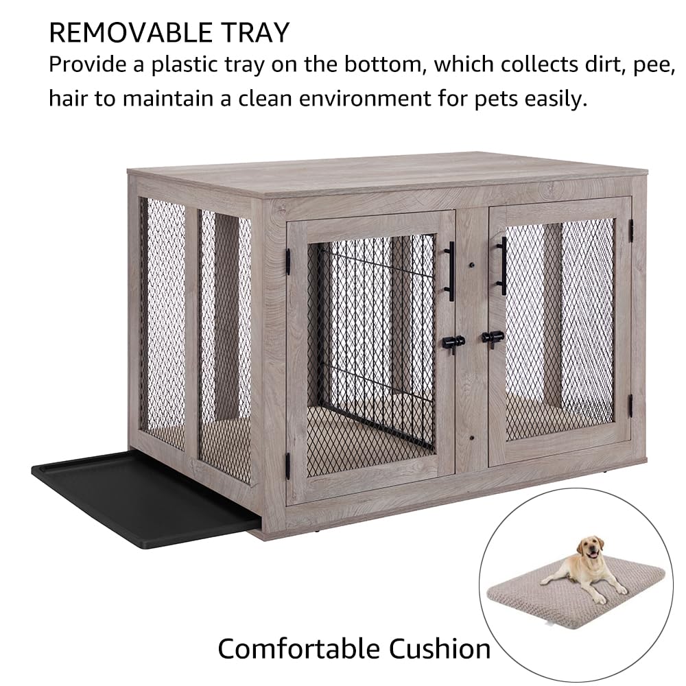 unipaws 46.7 Extra Large Dog Crate Furniture with Divider for 2 Dogs, Wooden Dog Kennel for XLarge Breed, XL Wood Dog Cage, End