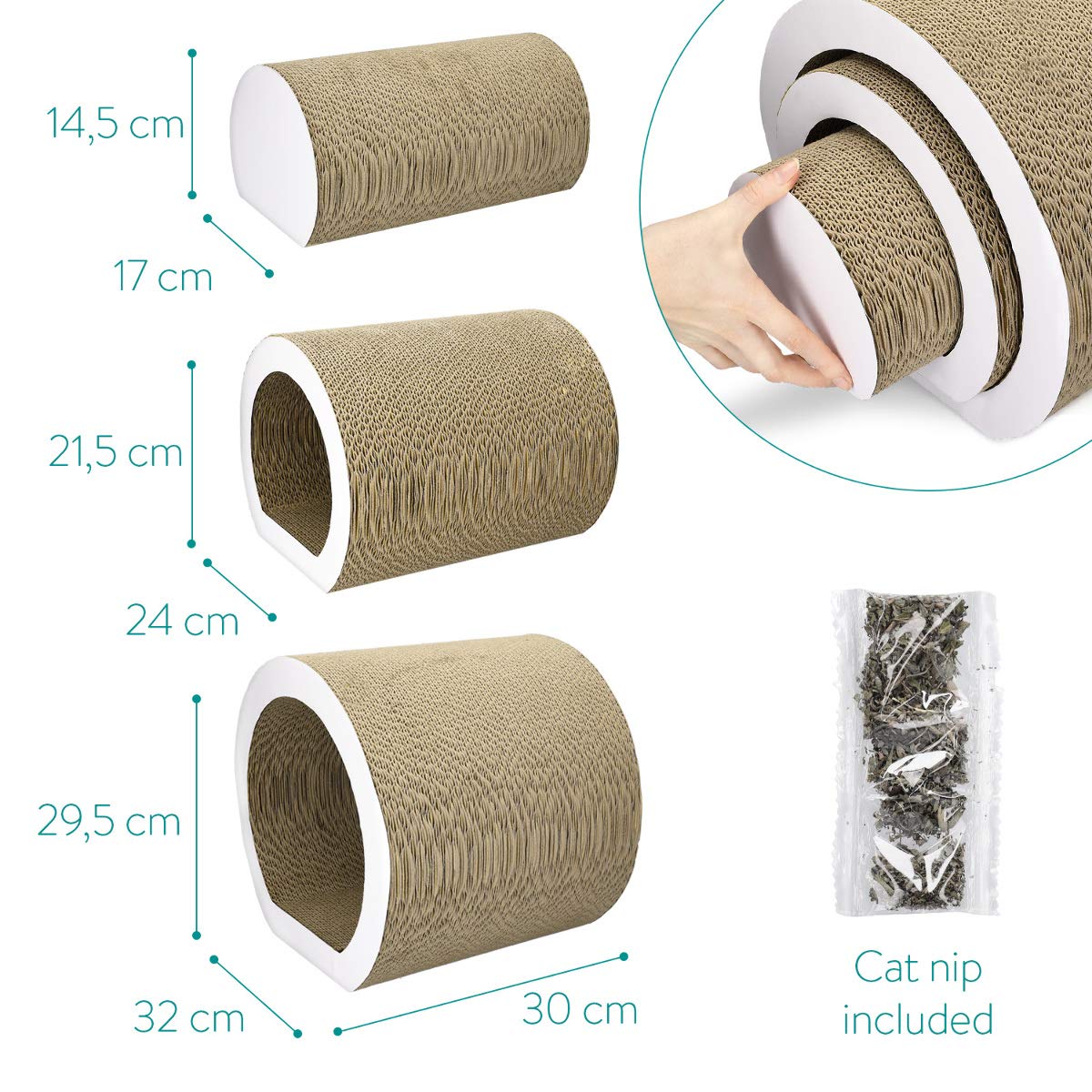 Navaris Cat Tunnel Scratcher Set (3-Pieces) - Corrugated Cardboard Paper Scratching Board Tubes And Roll Toy For Cats - Scratch, Lounge, Hide And Play