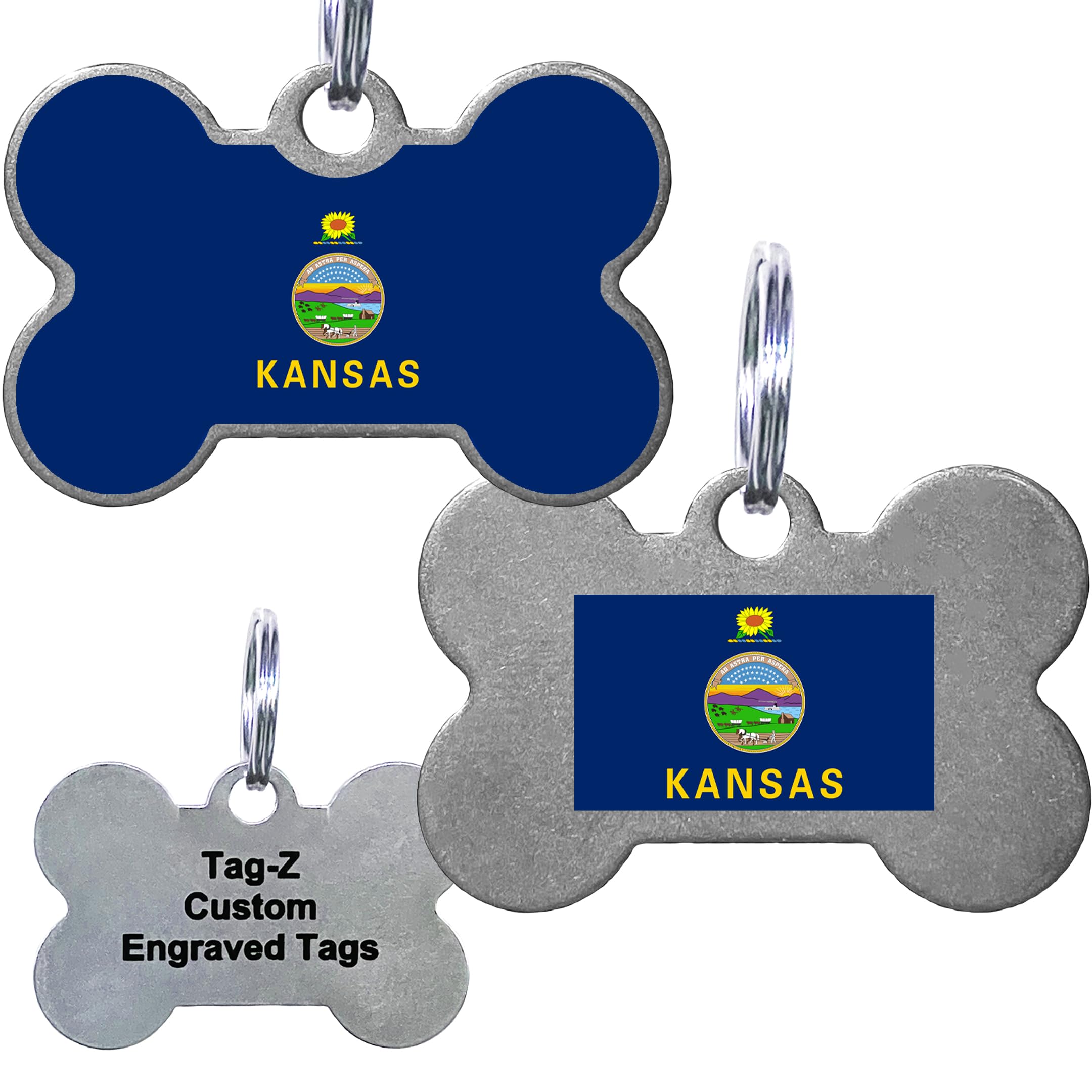 Kansas Flag Pet Id Tags, Custom Printed And Laser Engraved Bone