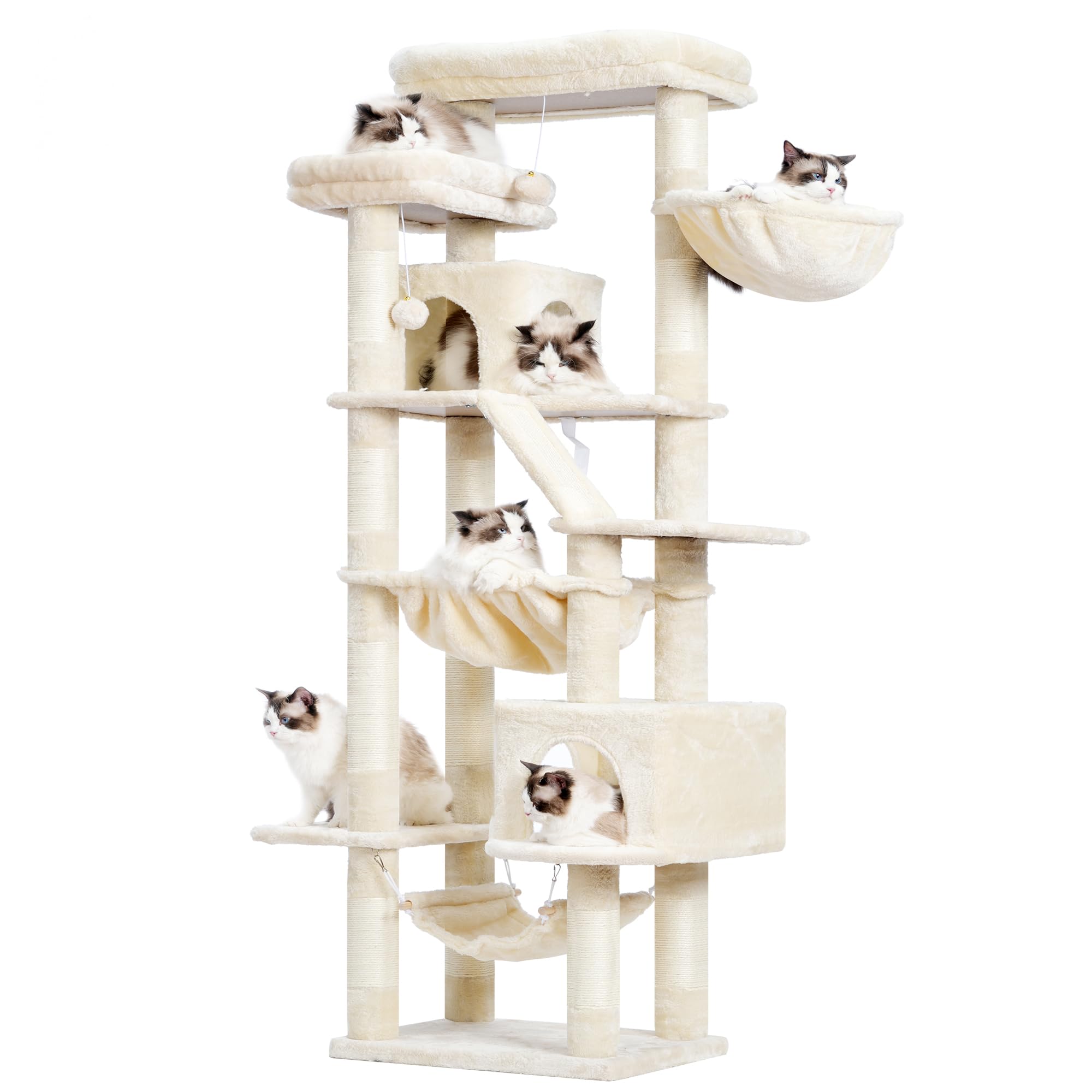 Heybly Cat Tree,71-Inch Tall Tower for Indoor Cats with 2 Perches, 2 Big Condos, 2 Hammocks, Basket, Scratching Pad,Large Cat Fu