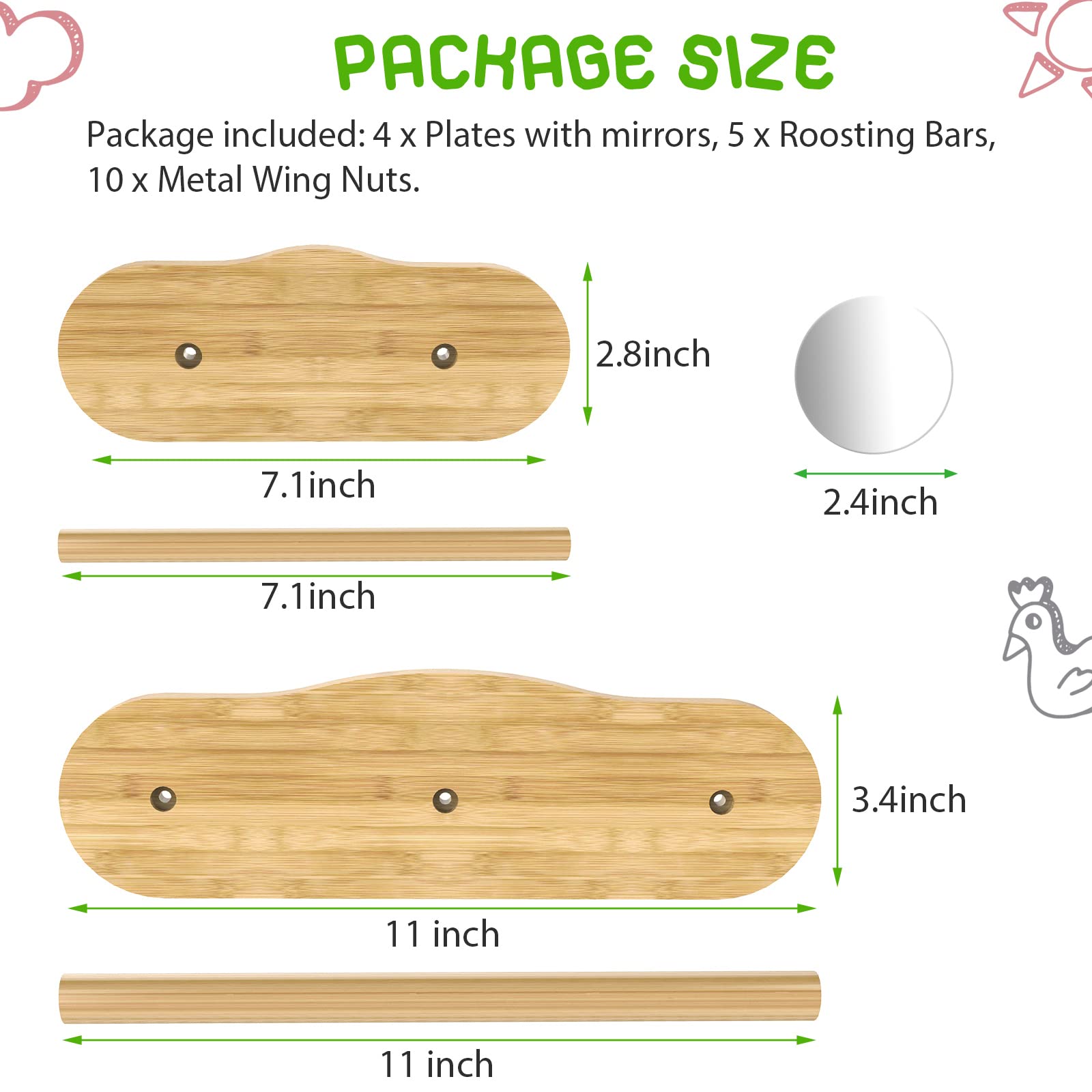 Ensayeer 2-in-1 Bamboo Chick Perch Set with Mirror & Mini Roosting Bar for Large Birds, Hens, Parrots - Easy to Assemble & Clean
